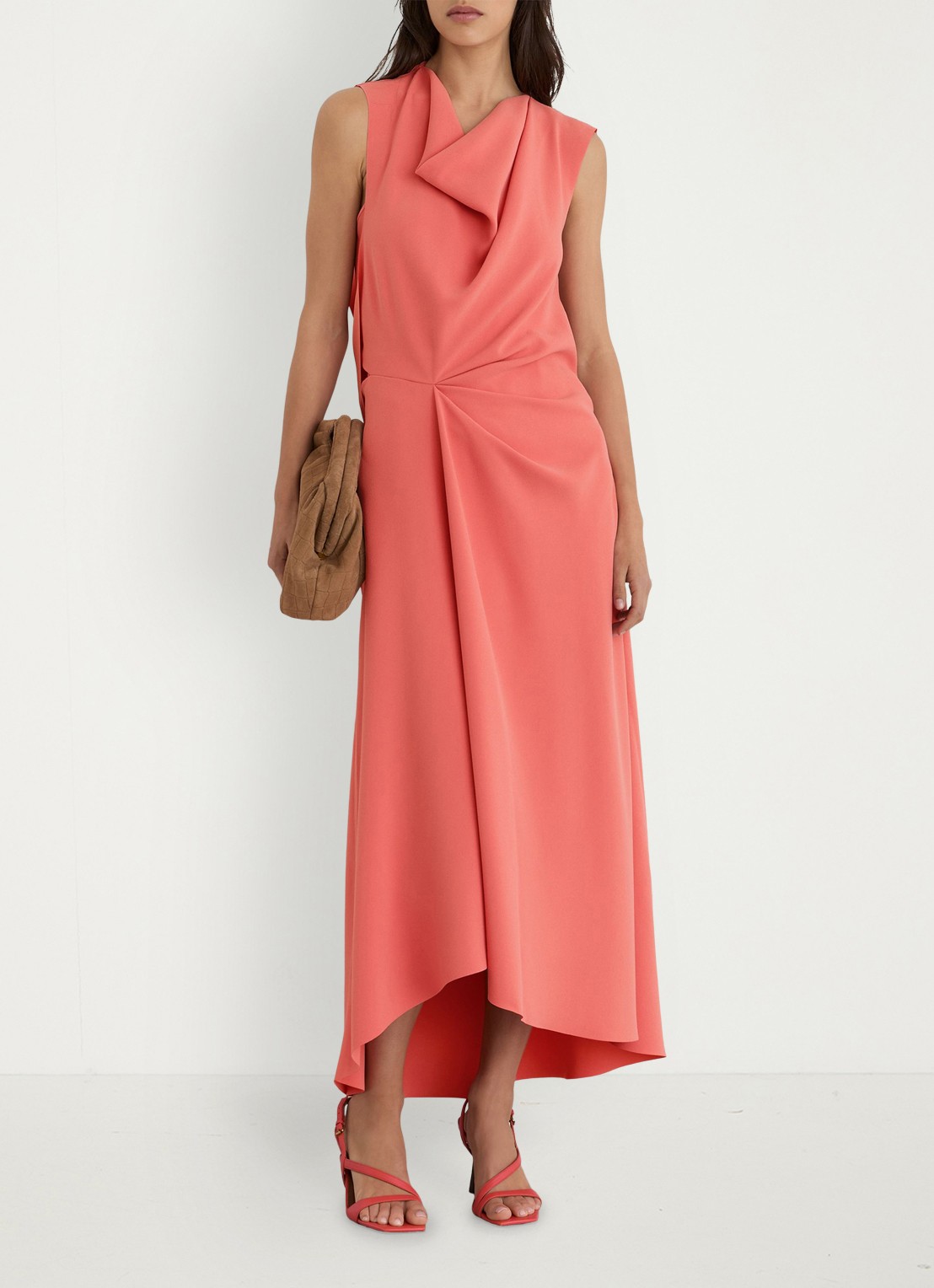 Reiss Dorota midi jurk met watervalhals - voorkant 6 coral pink / roze