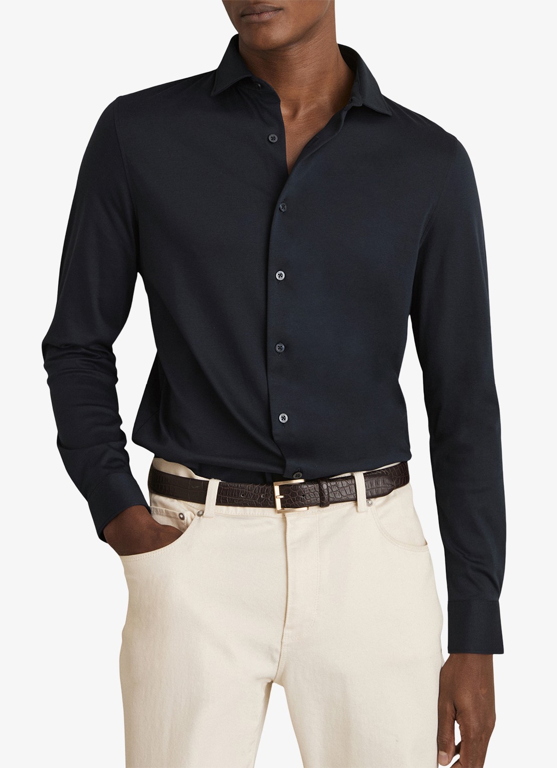 Reiss Duke slim fit overhemd van jersey - detail 4 donkerblauw