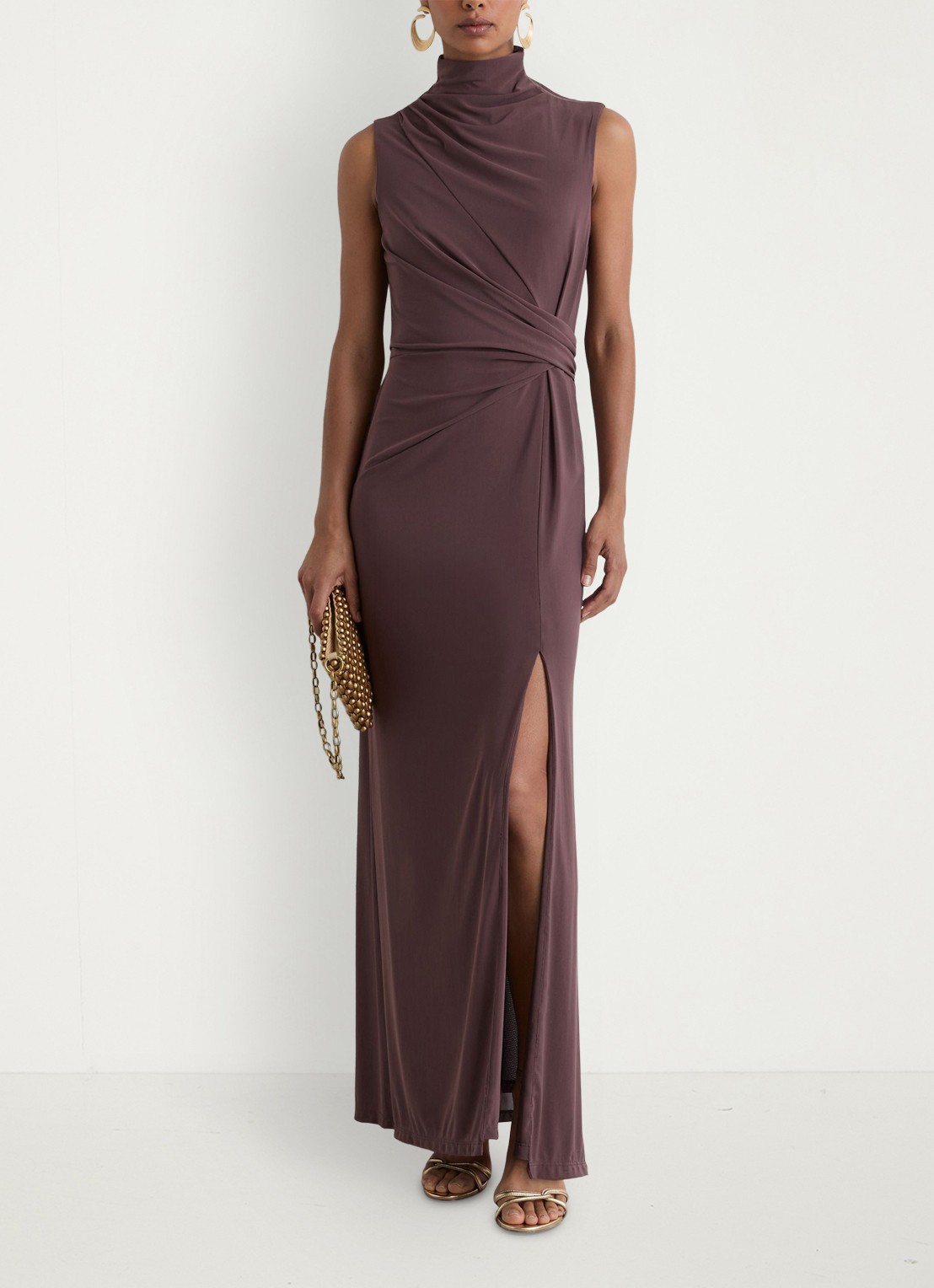 Reiss Dylan midi jurk met split - voorkant 3 bruin