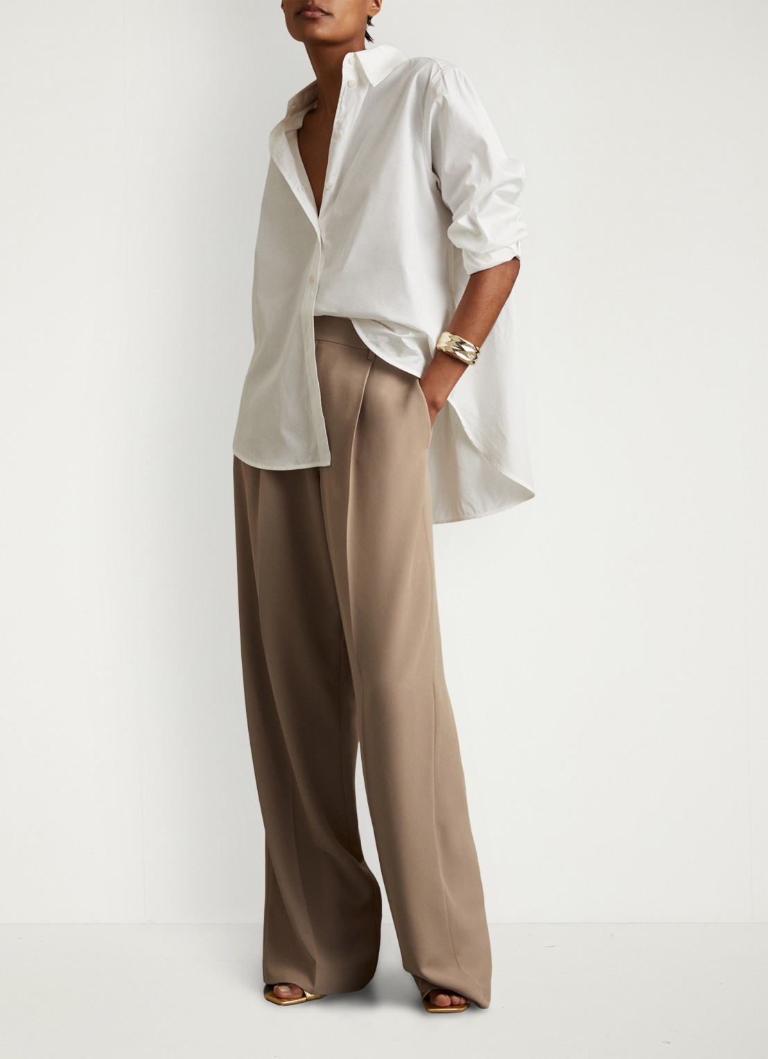 Reiss Eden high waist wide fit pantalon met steekzakken - voorkant 3 naturel