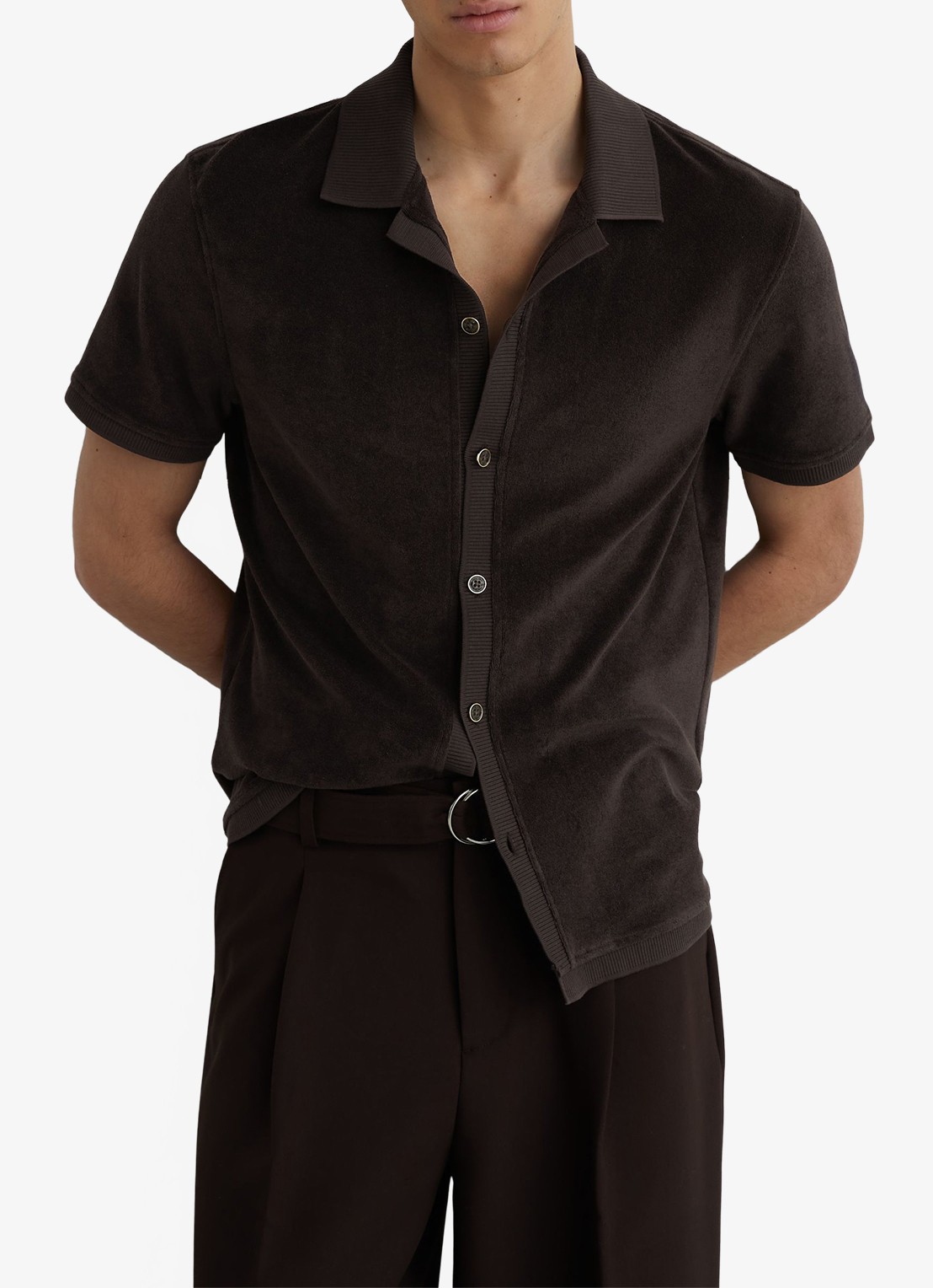 Reiss Eden overhemd van badstof - detail 3 chocoladebruin