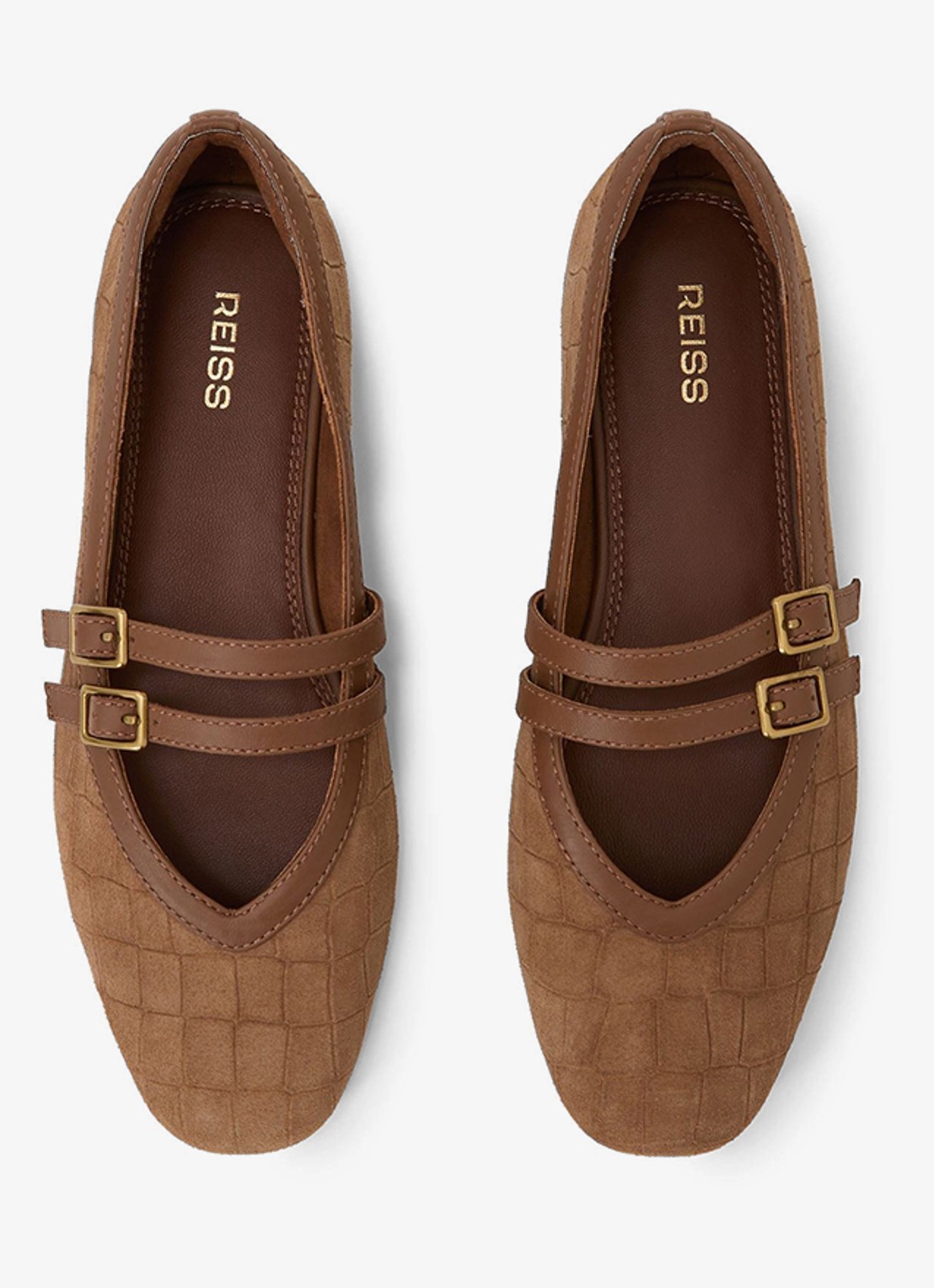 Reiss Eliza ballerina van suède met crocostructuur en gespdetail - detail 3 tan / beige