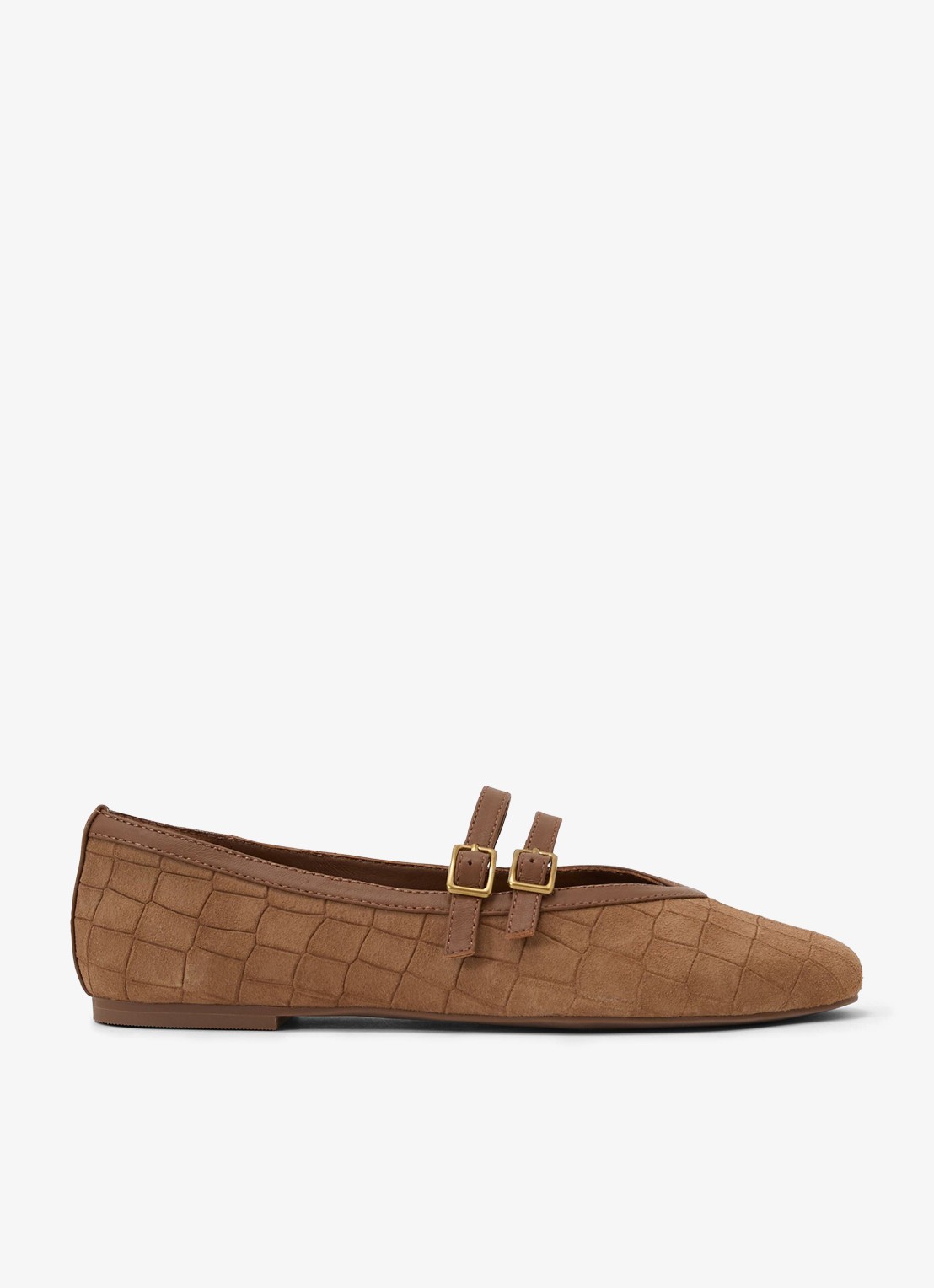 Reiss Eliza ballerina van suède met crocostructuur en gespdetail - voorkant tan / beige
