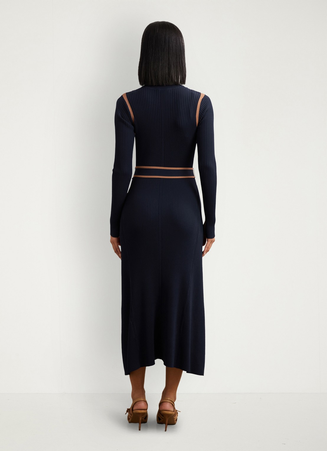 Reiss Ella ribgebreide midi jurk met ceintuur - achterkant 7 donkerblauw