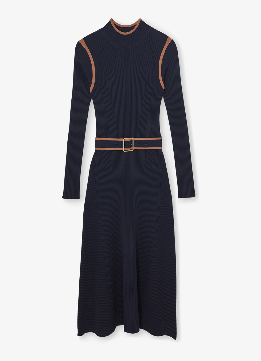 Reiss Ella ribgebreide midi jurk met ceintuur - voorkant 5 donkerblauw