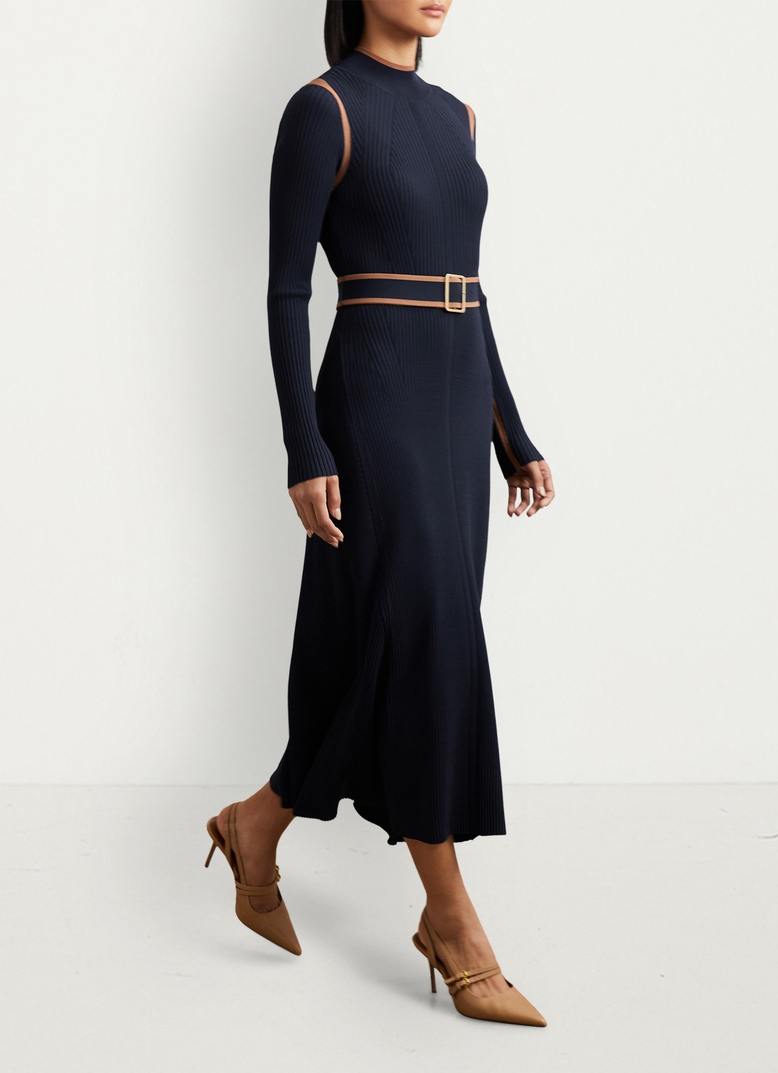 Reiss Ella ribgebreide midi jurk met ceintuur - voorkant 6 donkerblauw