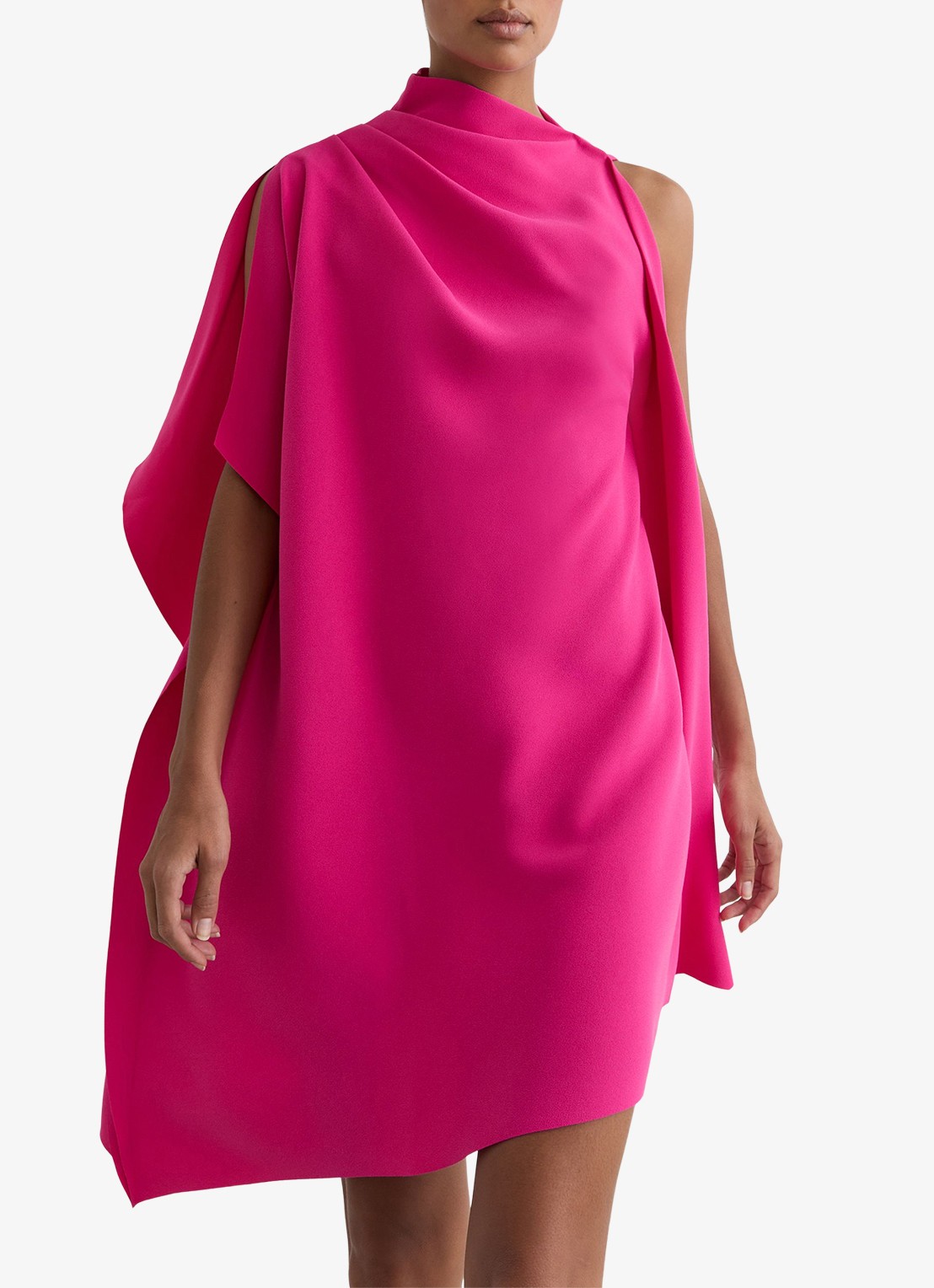 Reiss Ellery one-shoulder mini jurk van crêpe  - detail donkerroze