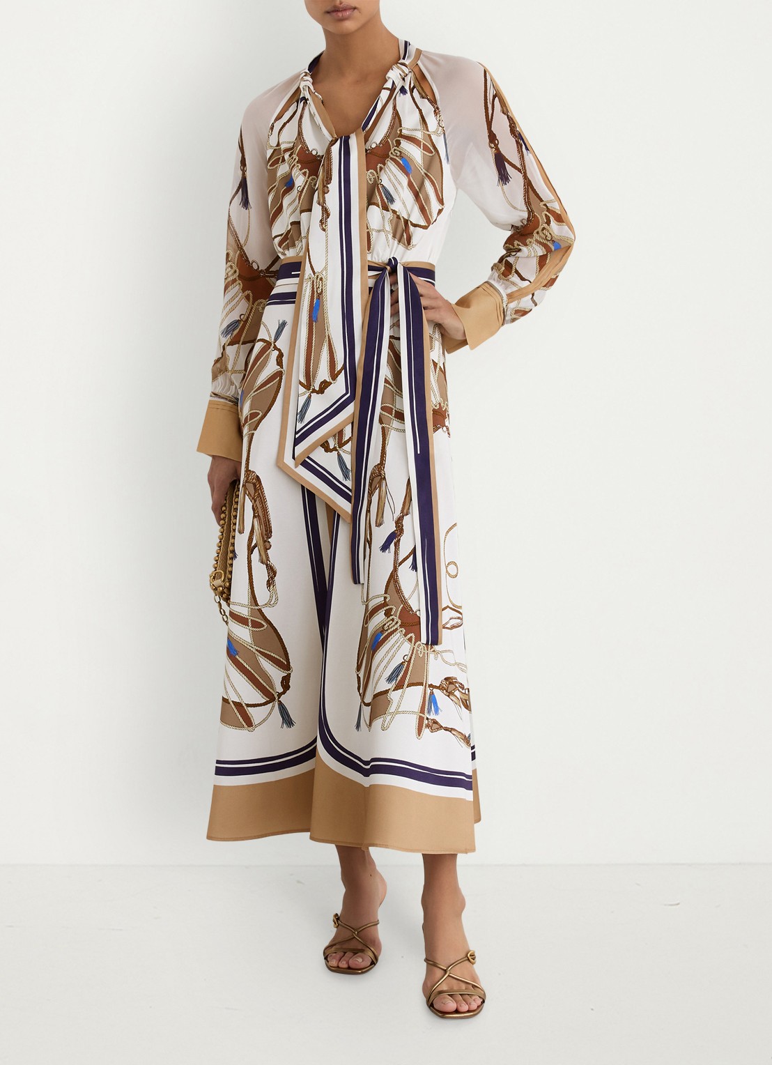 Reiss Ellie midi tuniekjurk met sjaalkraag - voorkant 3 lichtbruin