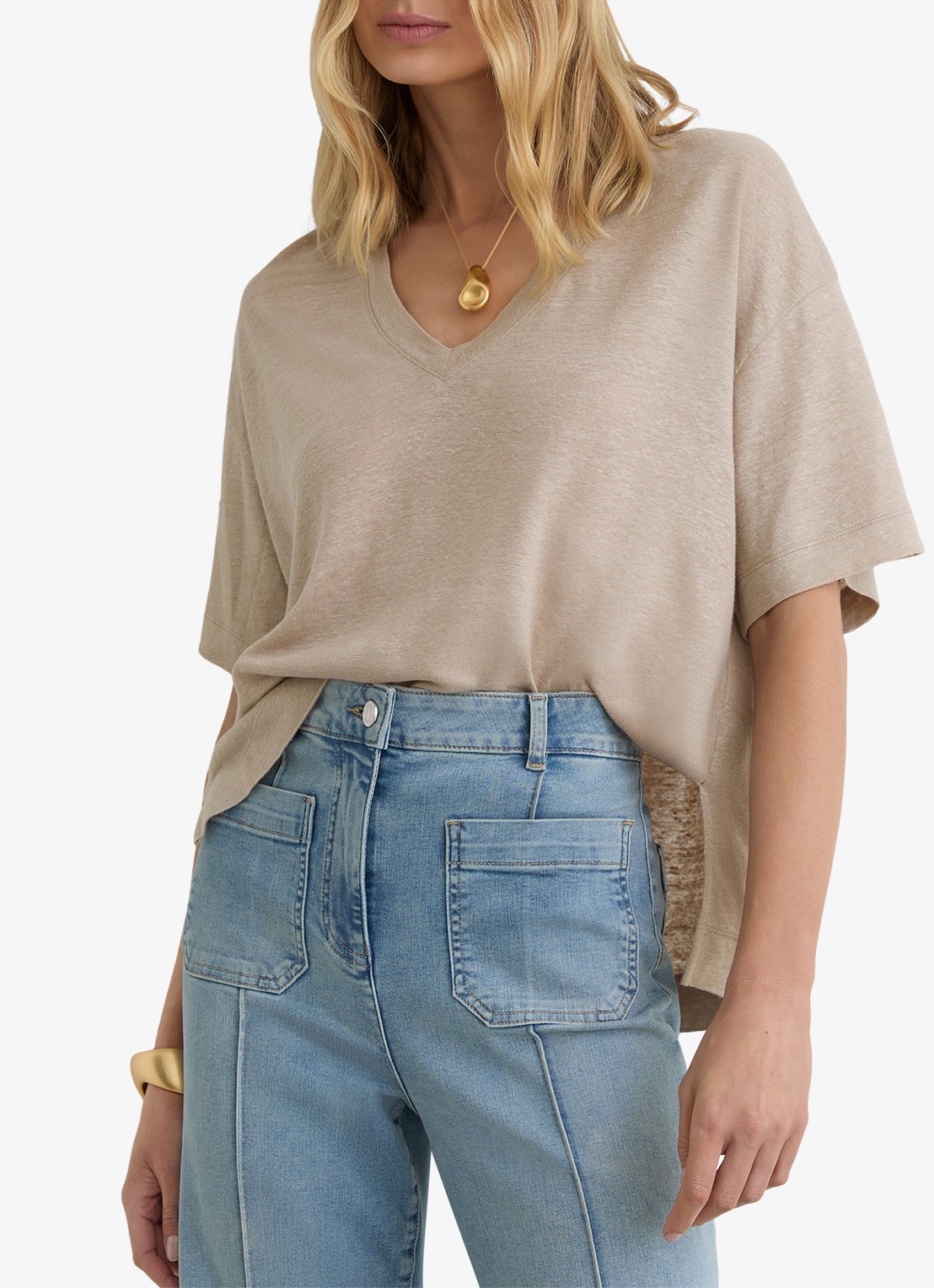 Reiss Ember T-shirt van linnen met V-hals - detail 4 beige
