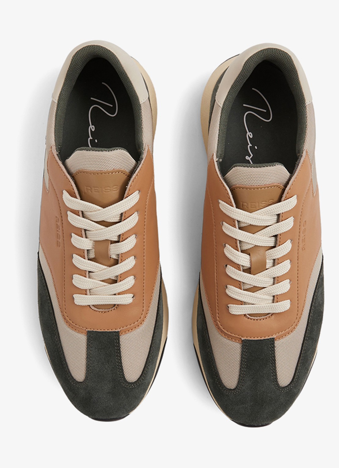 Reiss Emmett sneaker van mesh met suède en leren details - detail 3 bronsgroen