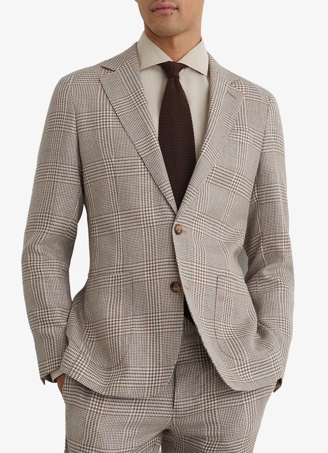 Reiss Epsom regular fit colbert in linnenblend met ruitdessin - detail bruin