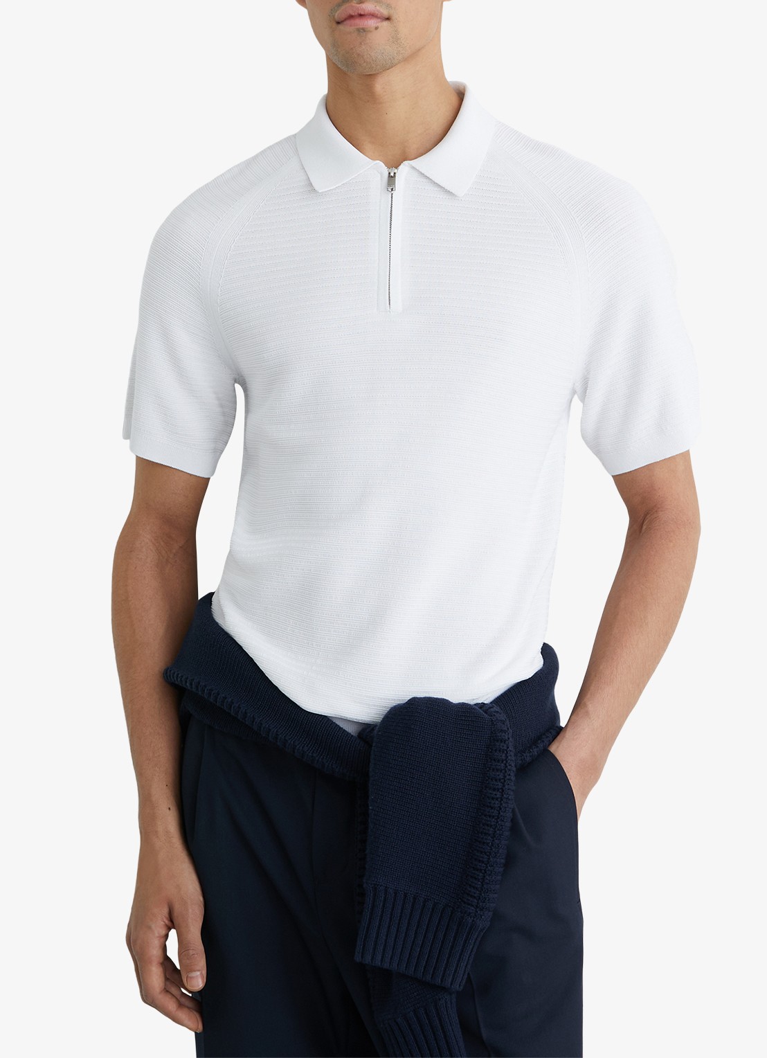Reiss ESTATE Textured-Knit Half-Zip Polo Shirt - detail 4 wit