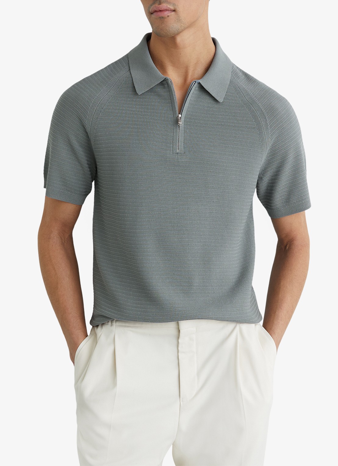 Reiss ESTATE Textured-Knit Half-Zip Polo Shirt - detail 3 groen