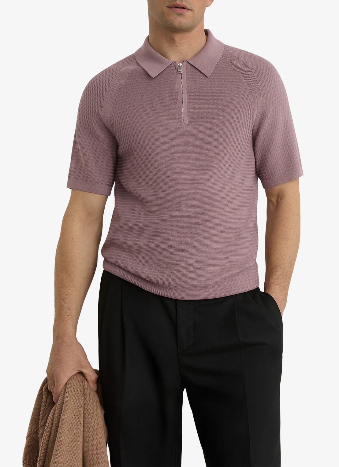 Reiss ESTATE Textured-Knit Half-Zip Polo Shirt - detail 4 paars