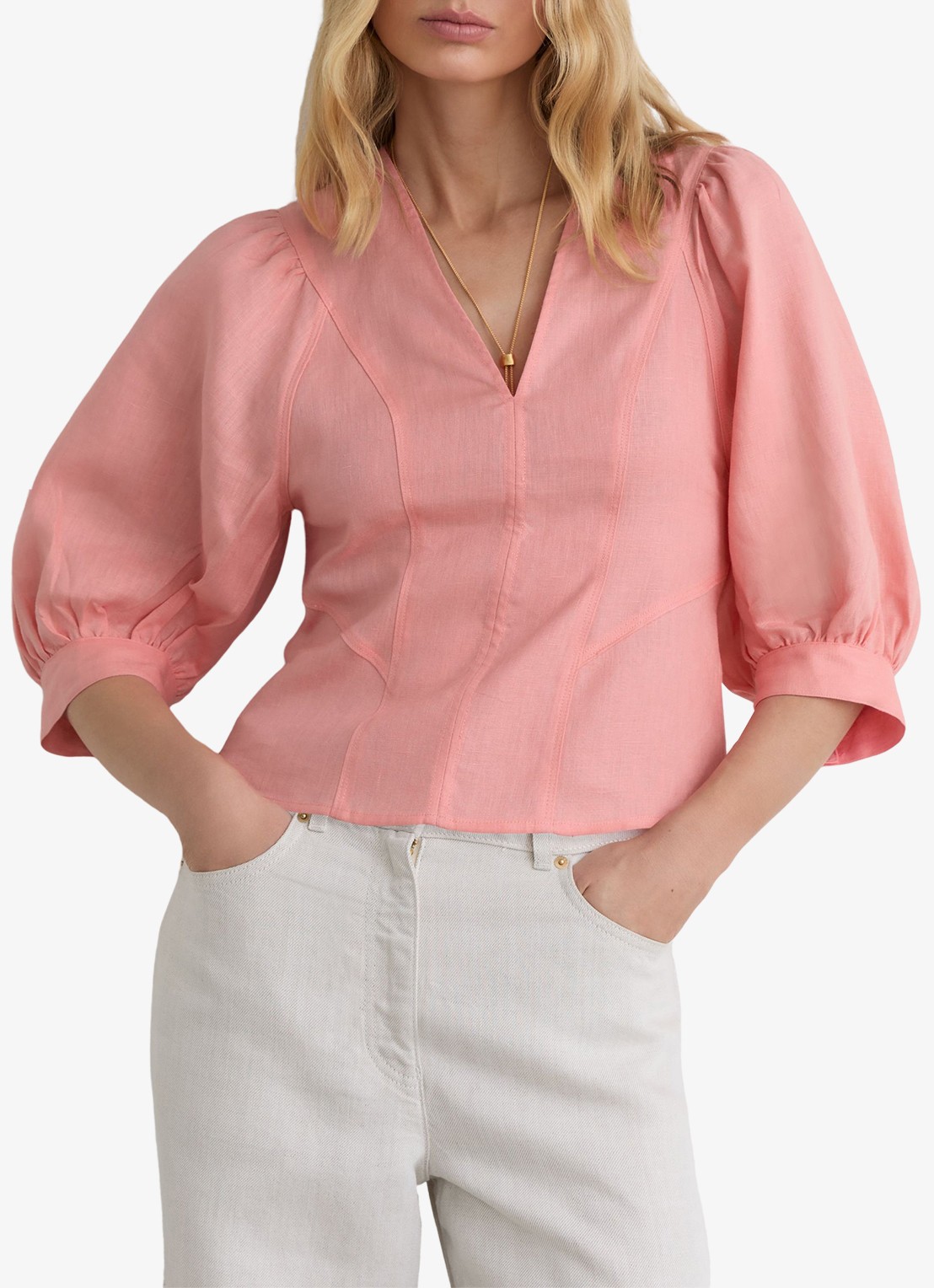 Reiss Evie tuniek van linnen met ballonmouw - detail 3 lichtroze