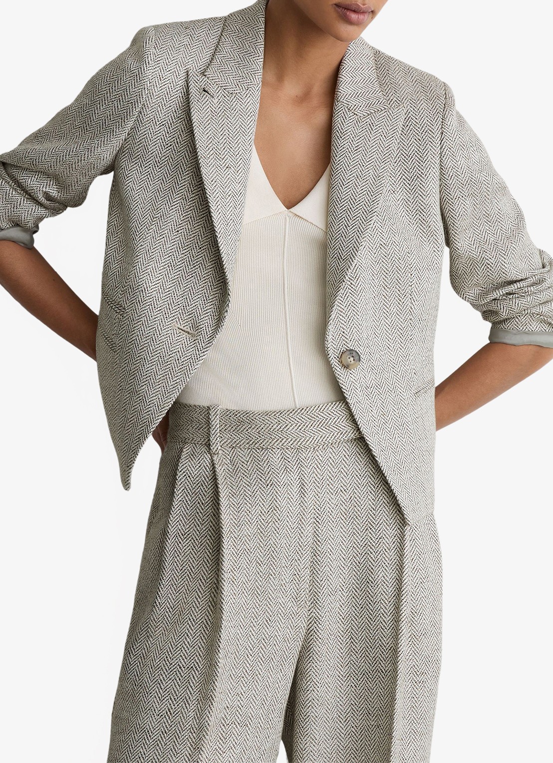 Reiss Ezra blazer met visgraat dessin - detail 6 lichtgrijs