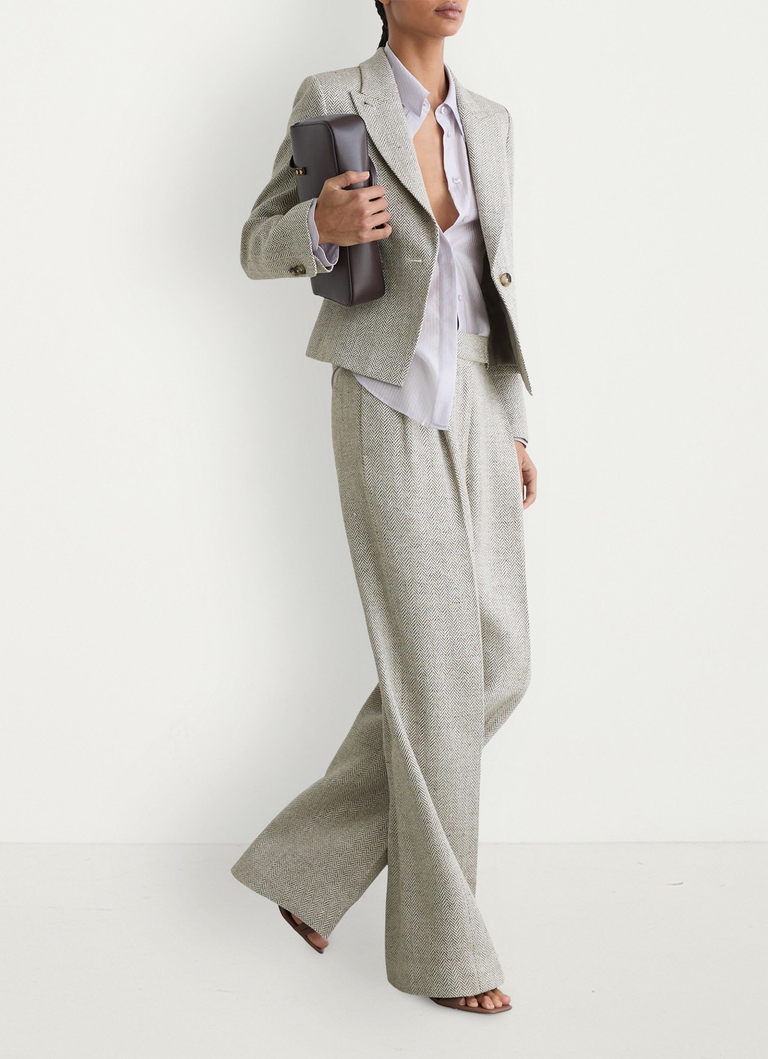 Reiss Ezra high waist straight fit pantalon met visgraat dessin - detail 5 neutral / beige