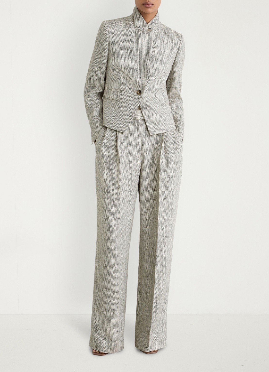 Reiss Ezra high waist straight fit pantalon met visgraat dessin - voorkant 2 neutral / beige