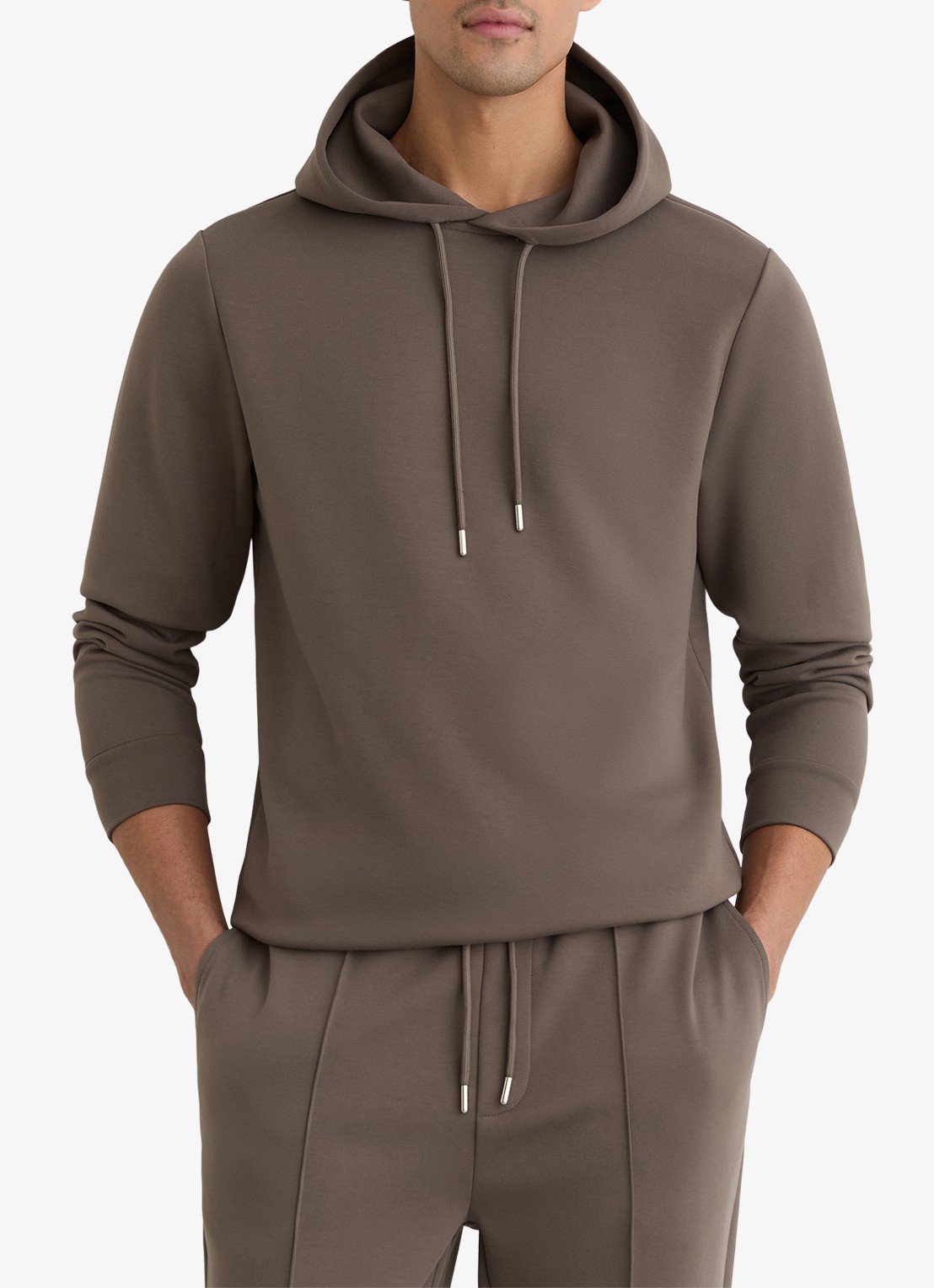 Reiss Fabien Premium Interlock hoodie met capuchon - detail 2 lichtbruin
