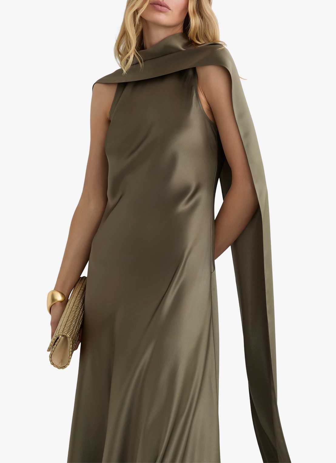 Reiss Fae maxi jurk van satijn met sjaalkraag - detail 2 khaki
