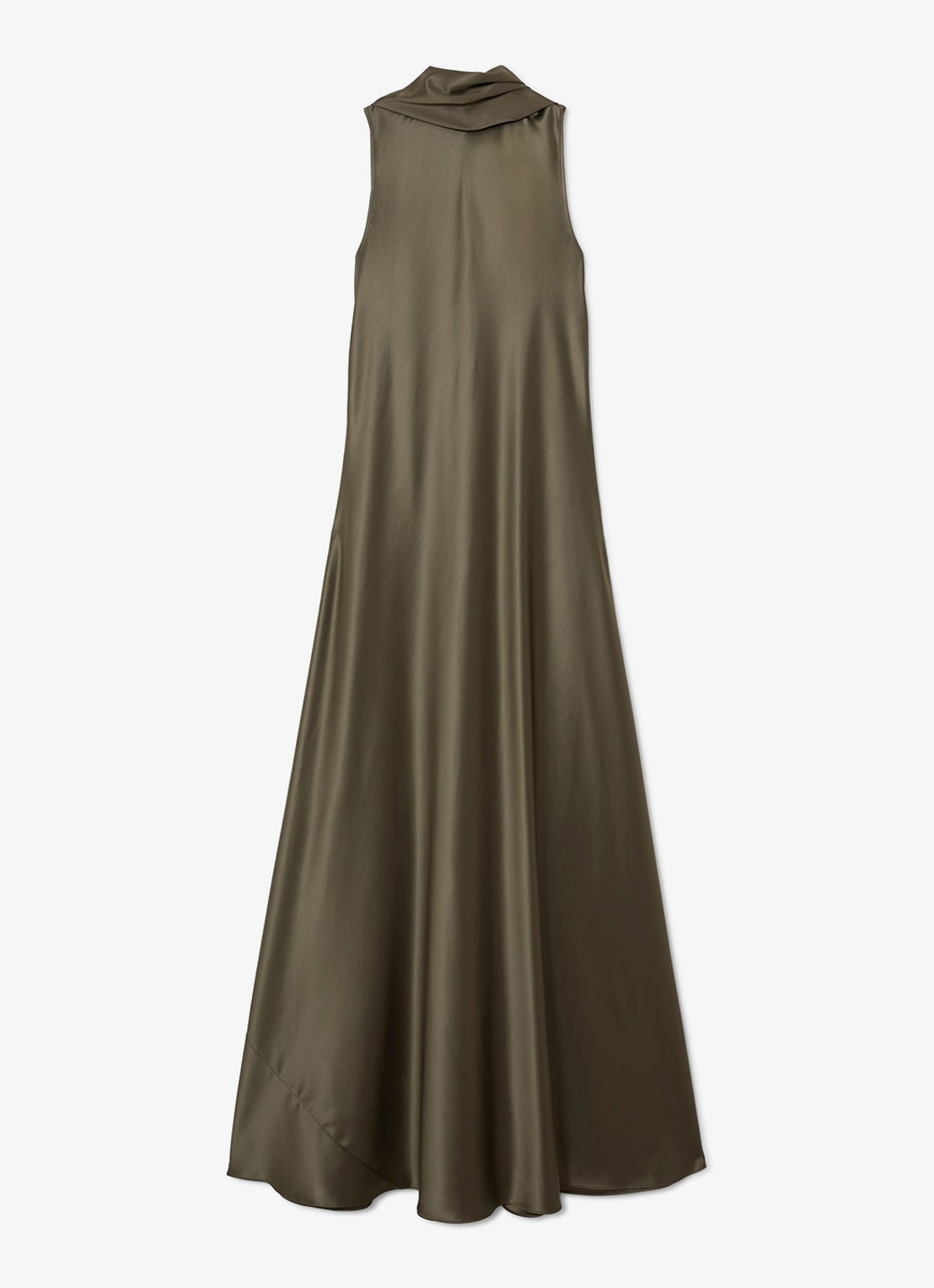 Reiss Fae maxi jurk van satijn met sjaalkraag - voorkant 6 khaki
