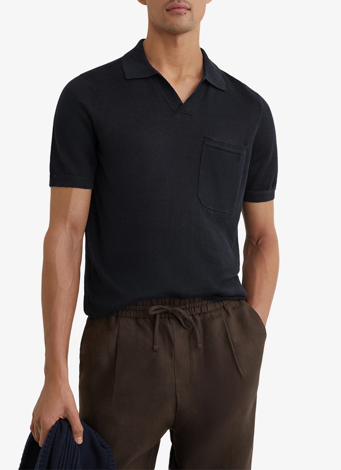 Reiss Fairmont polo van linnen - detail 4 donkerblauw