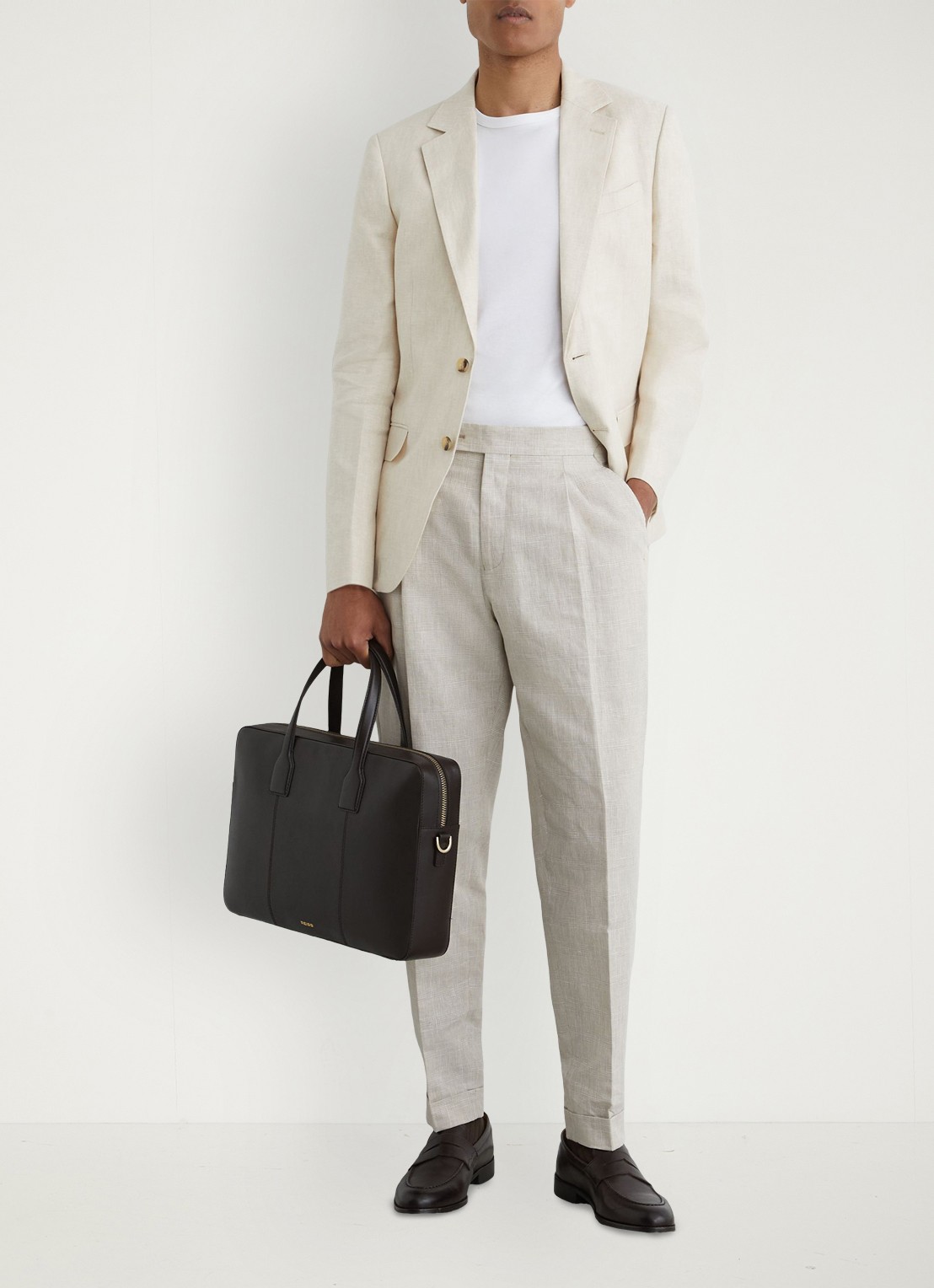 Reiss Finch tapered fit pantalon in linnenblend - voorkant 2 oatmeal / beige