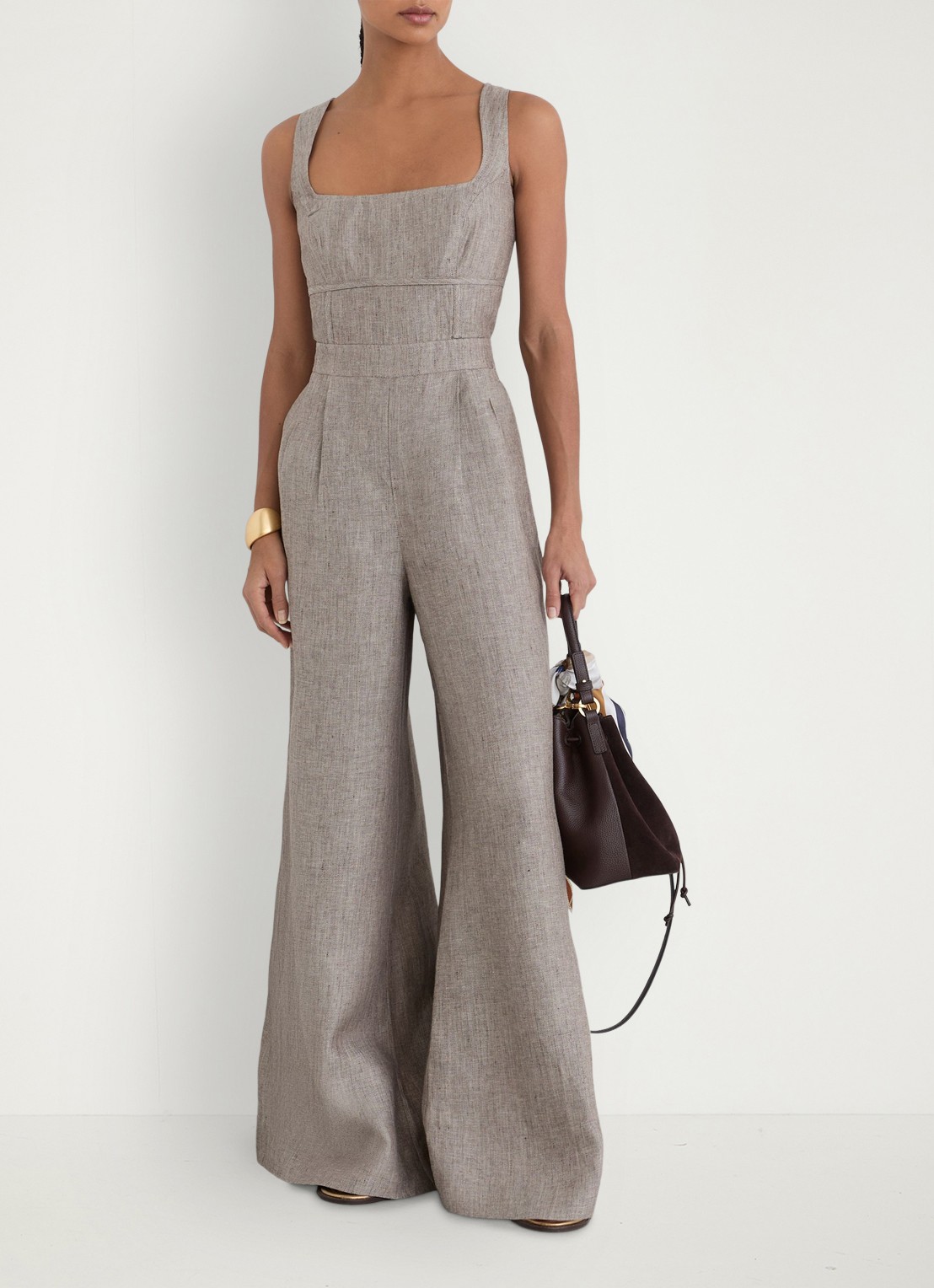 Reiss Flora wide fit jumpsuit van linnen met structuur - voorkant 6 neutral / beige