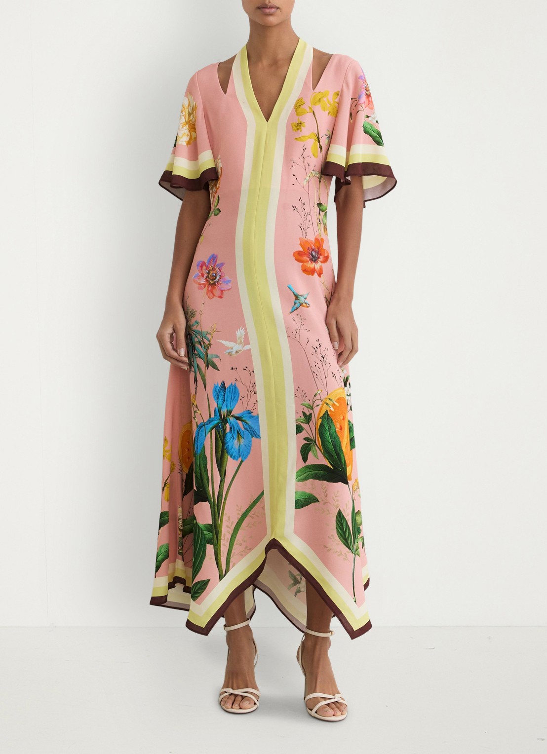 Reiss Flossy midi jurk met cut-out detail en bloemenprint - voorkant 2 oudroze