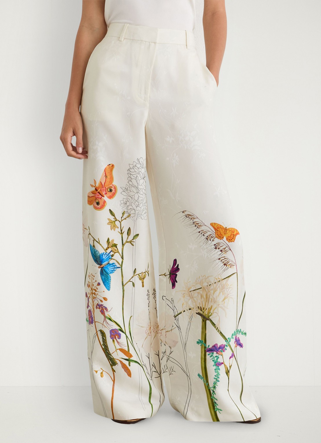 Reiss Frankie high waist wide fit pantalon met bloemenprint - detail 2 creme