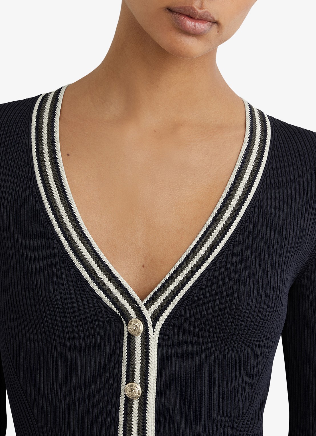 Reiss Gaia ribgebreide midi jurk met plooien - detail 4 donkerblauw