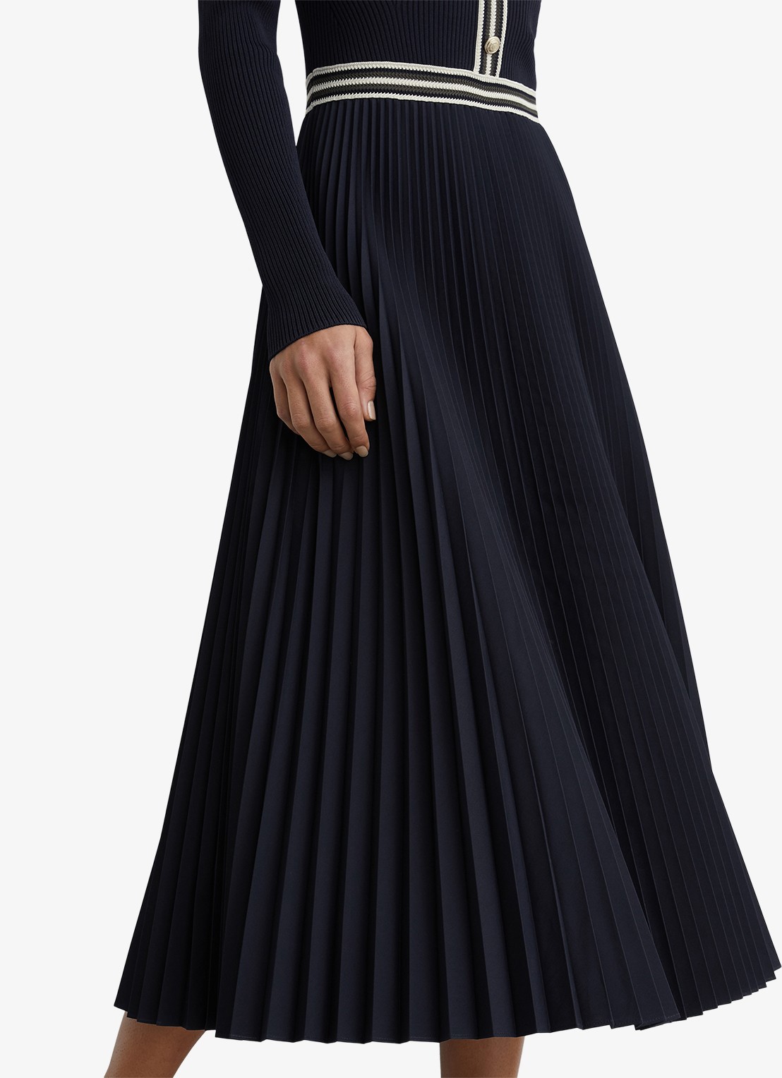 Reiss Gaia ribgebreide midi jurk met plooien - detail 5 donkerblauw