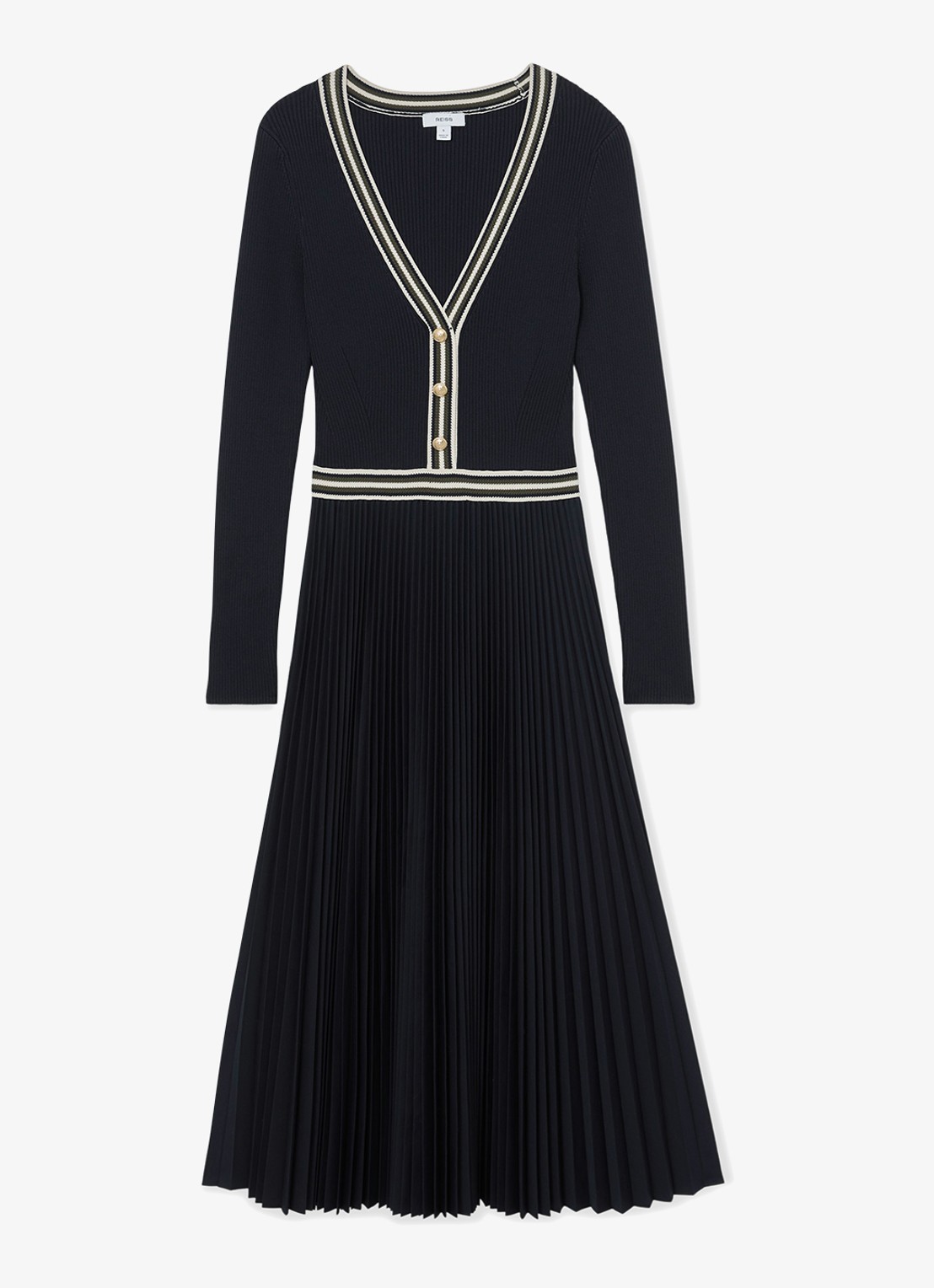 Reiss Gaia ribgebreide midi jurk met plooien - voorkant 2 donkerblauw