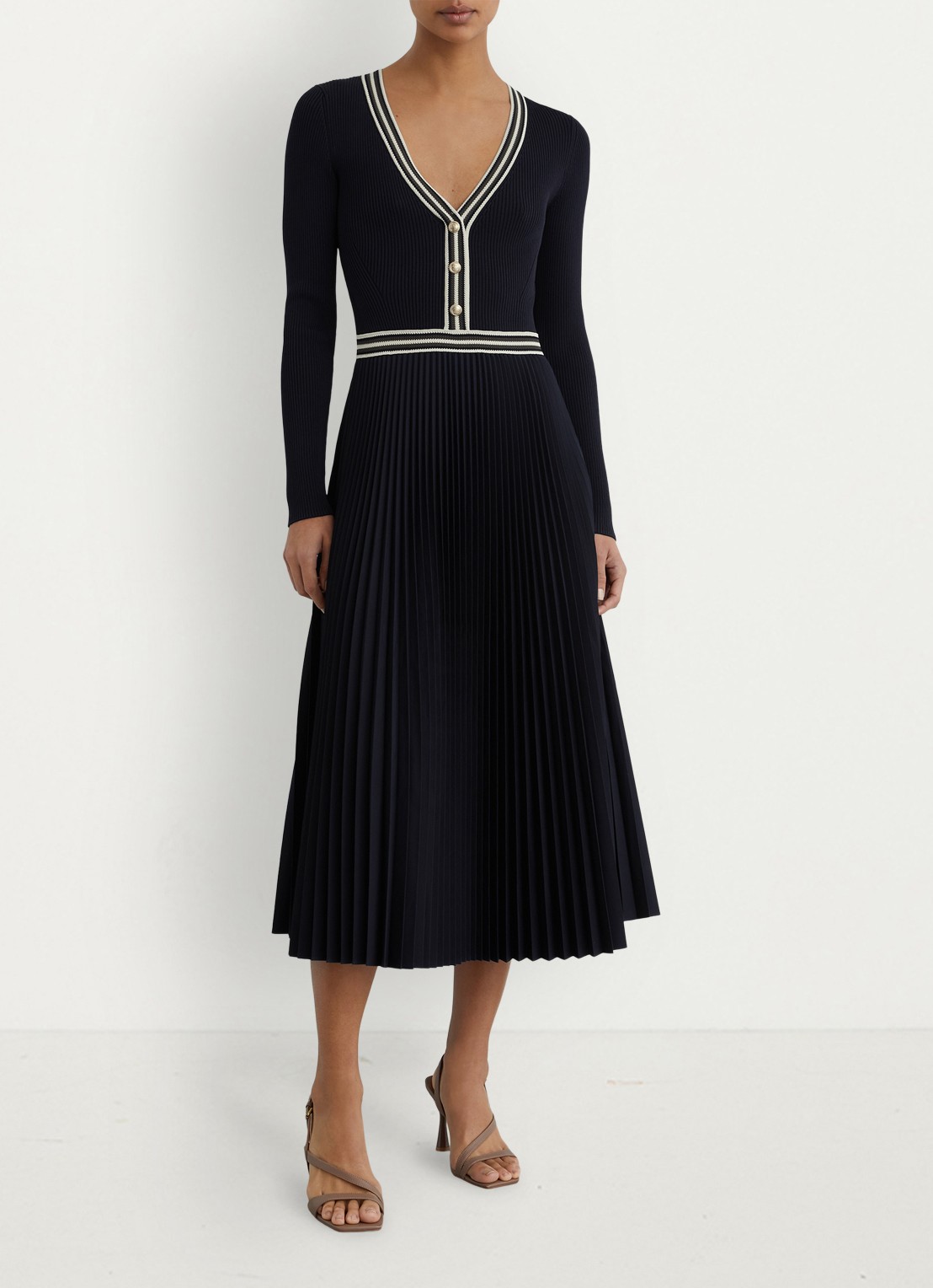 Reiss Gaia ribgebreide midi jurk met plooien - voorkant 3 donkerblauw