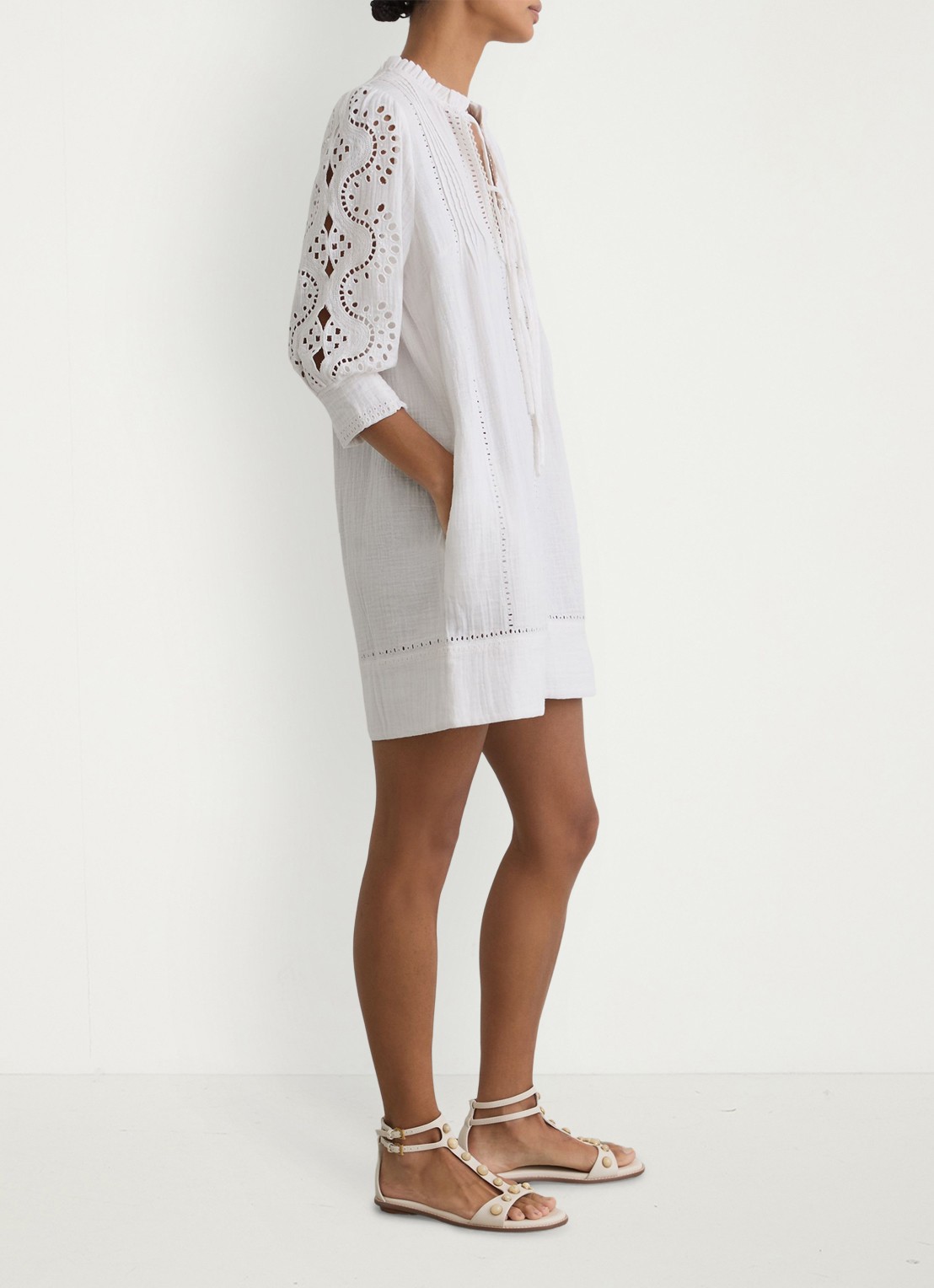 Reiss GIA Cotton Cheesecloth Broderie Mini Dress - detail 5 wit