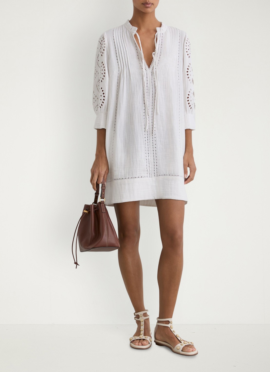 Reiss GIA Cotton Cheesecloth Broderie Mini Dress - voorkant 3 wit