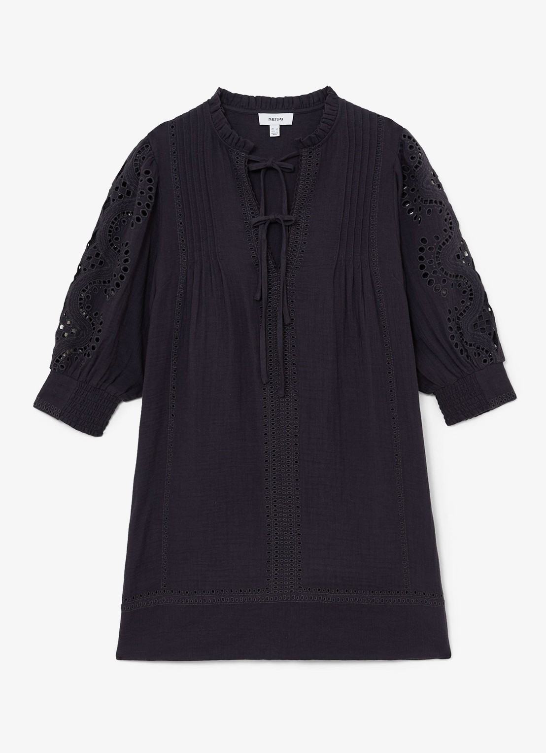 Reiss GIA Cotton Cheesecloth Broderie Mini Dress - voorkant 2 donkerblauw