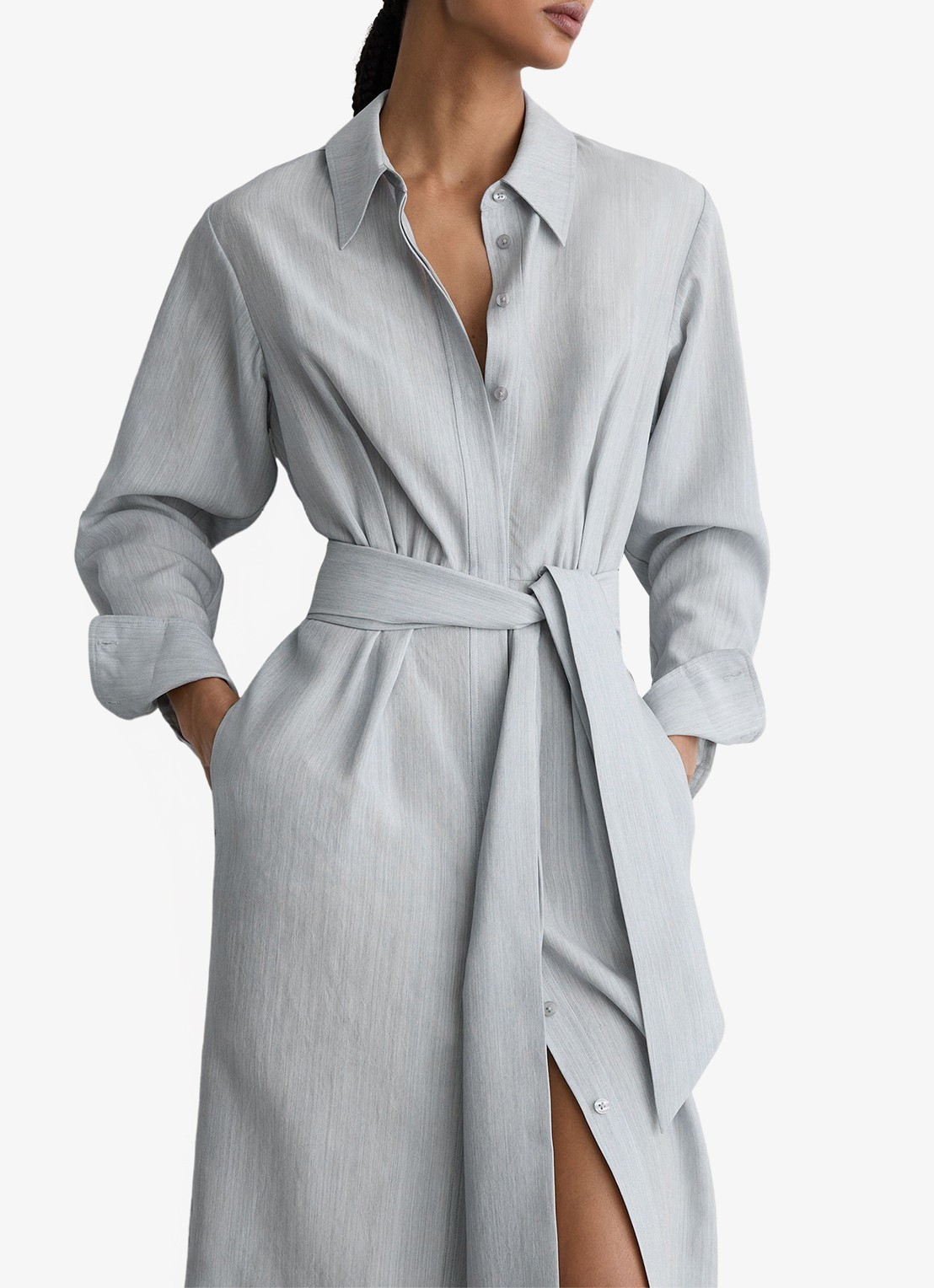 Reiss Gianna midi blousejurk in lyocellblend met strikceintuur - detail 4 blue / blauw