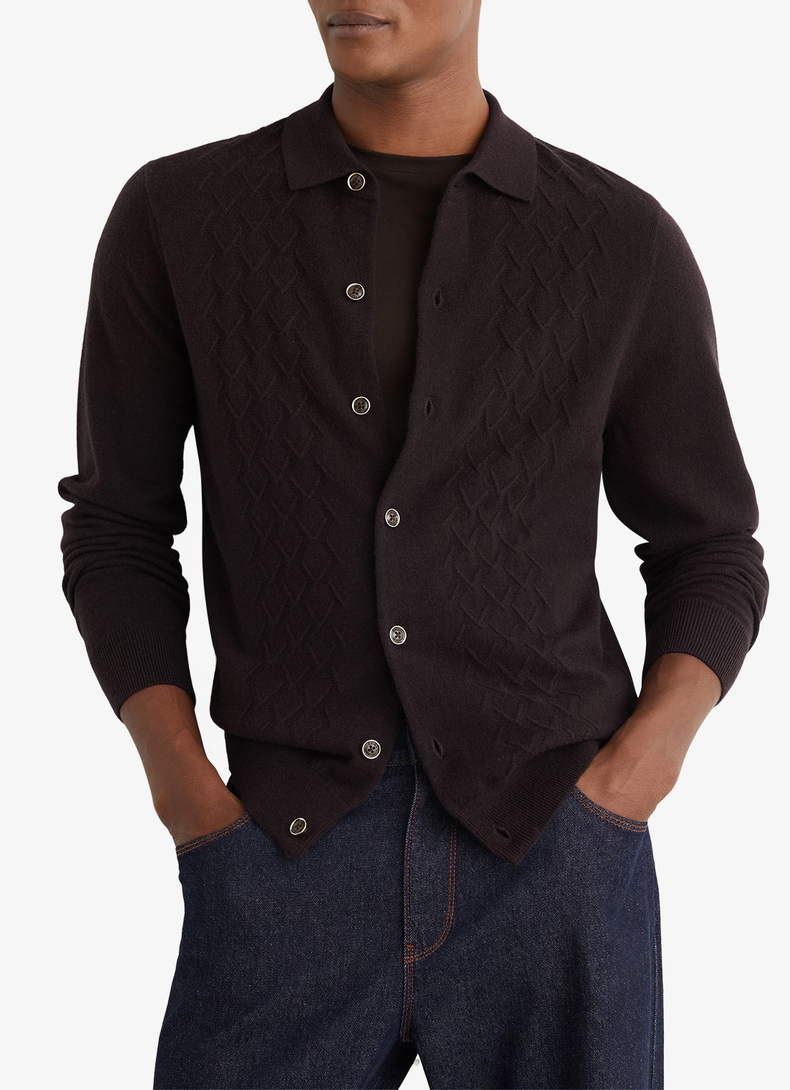 Reiss Gideon fijngebreid vest van wol - detail 4 chocoladebruin