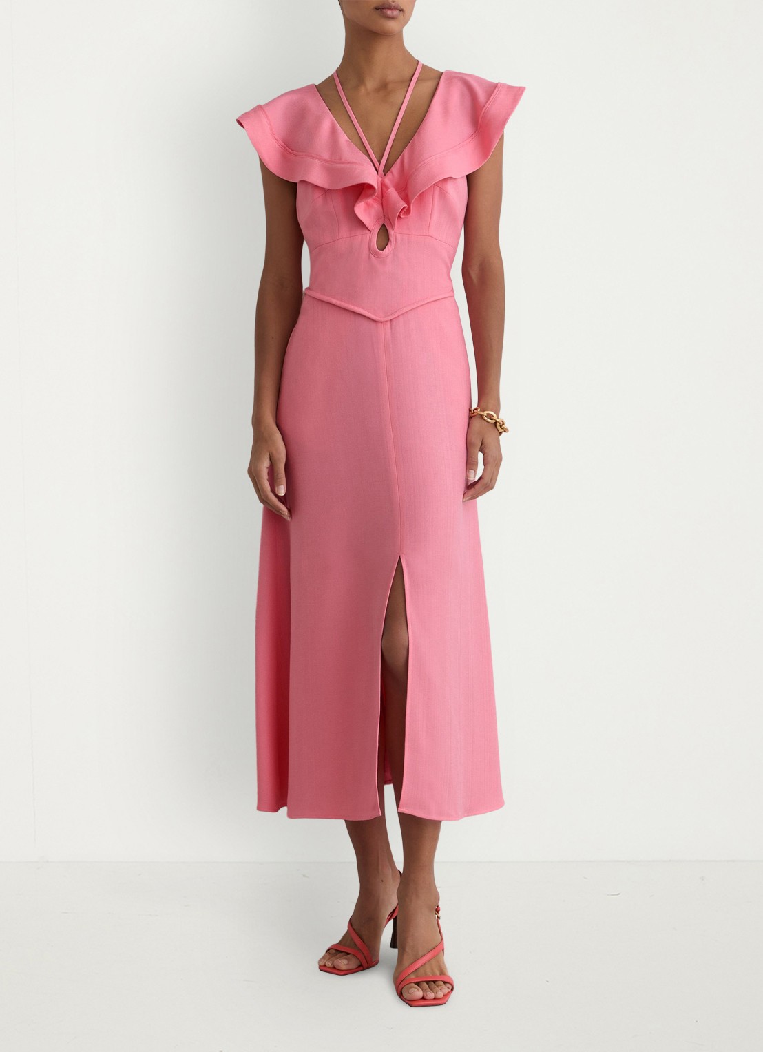 Reiss Giselle midi jurk met split en cut-out detail - voorkant 7 roze
