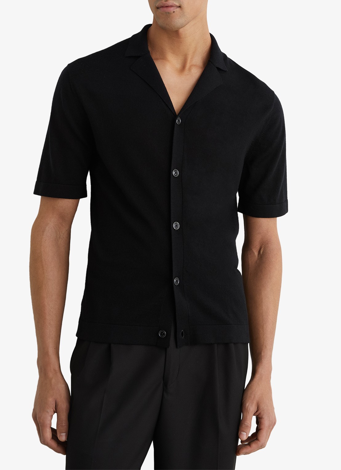 Reiss Grafton fijngebreid overhemd van merino wol - detail black / zwart