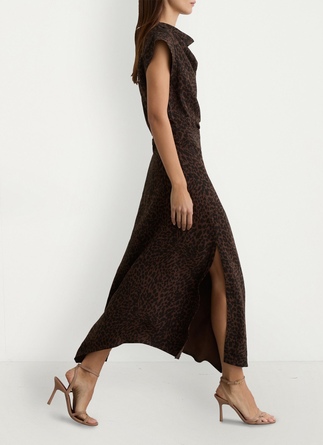 Reiss Harlie midi jurk met panterprint en split - voorkant 2 bruin