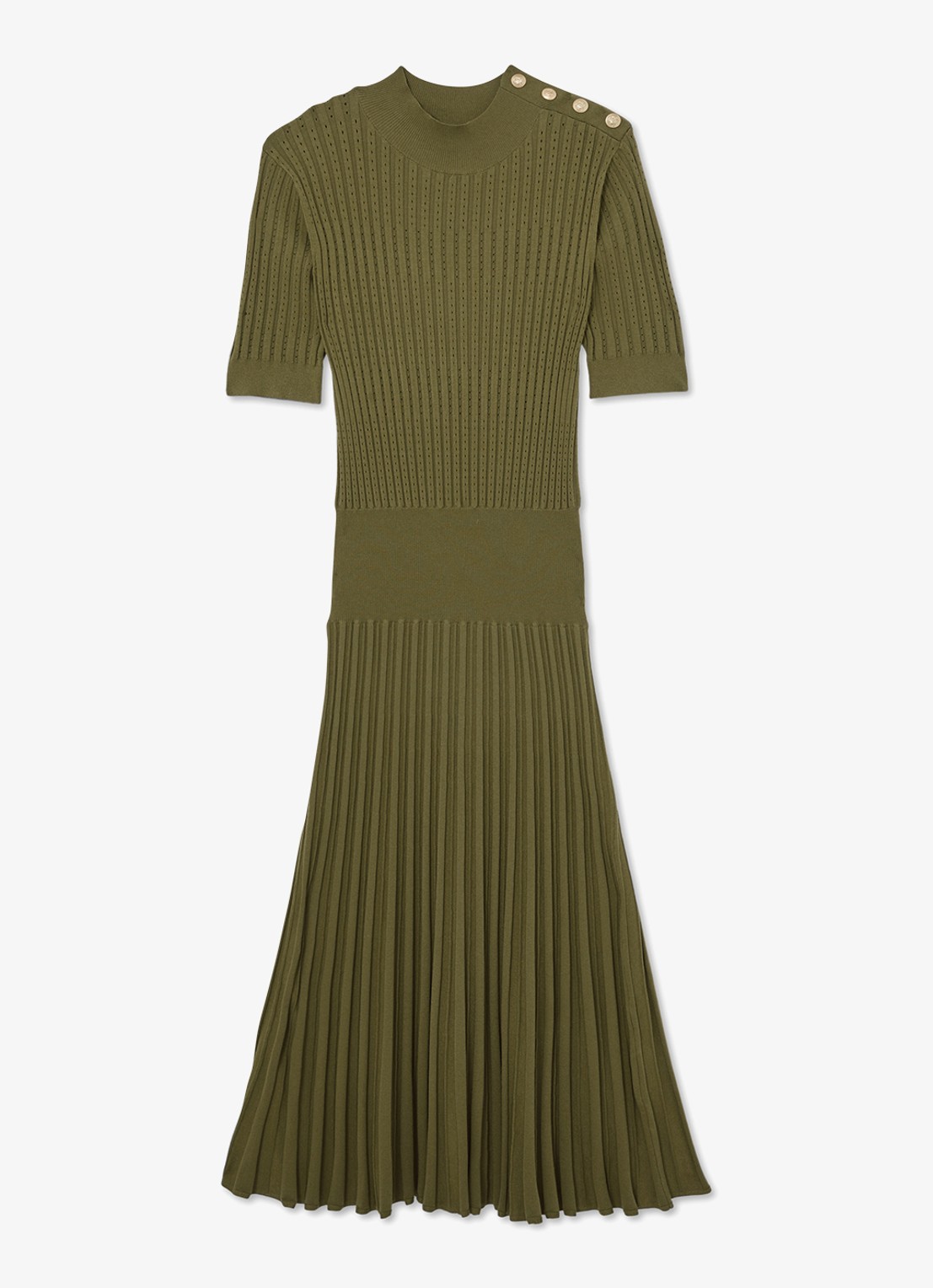 Reiss Harriet gebreide midi jurk met plooien - voorkant groen
