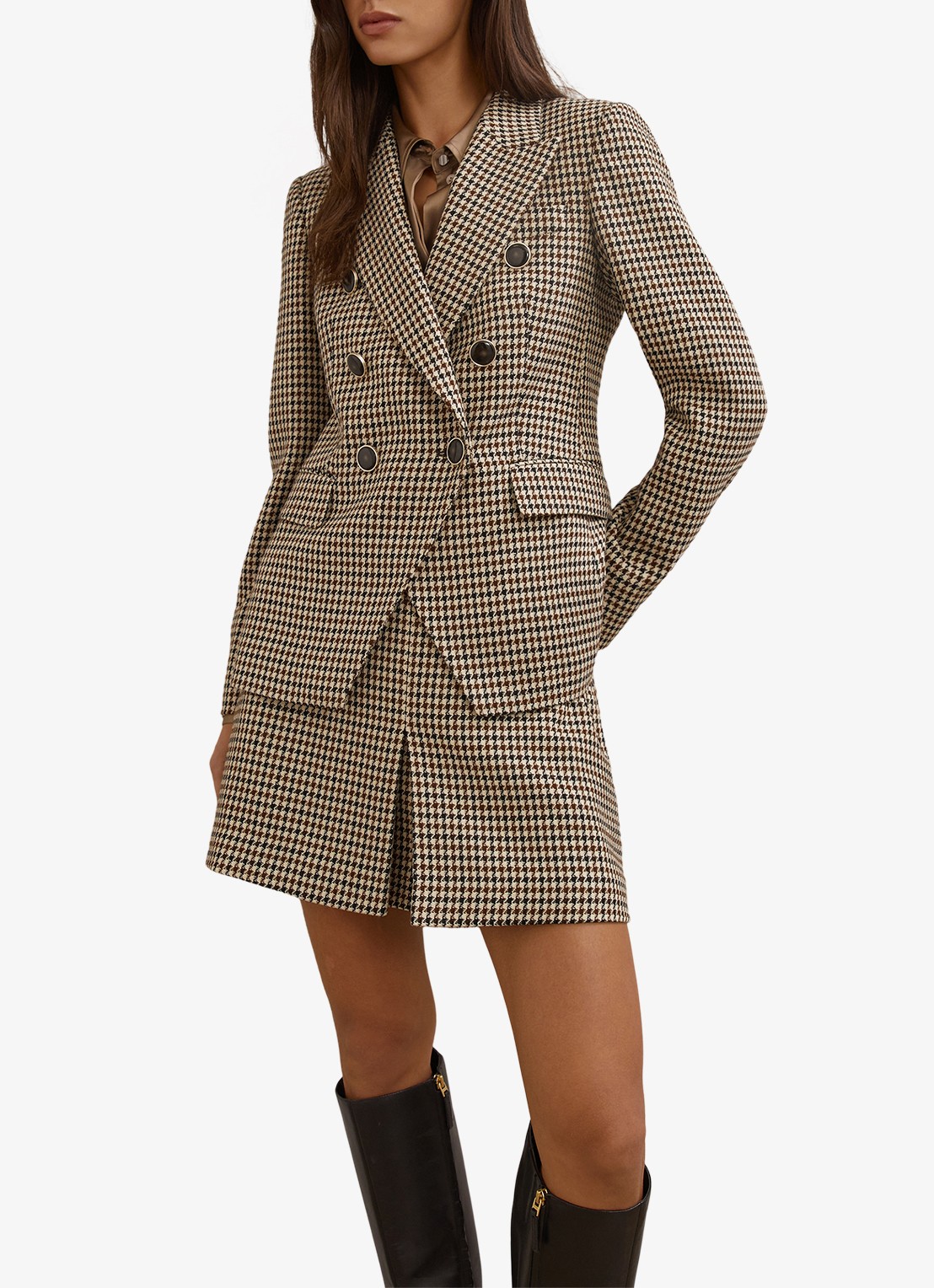 Reiss Hartley double-breasted blazer in wolblend met pied-de-poule dessin - detail 2 beige