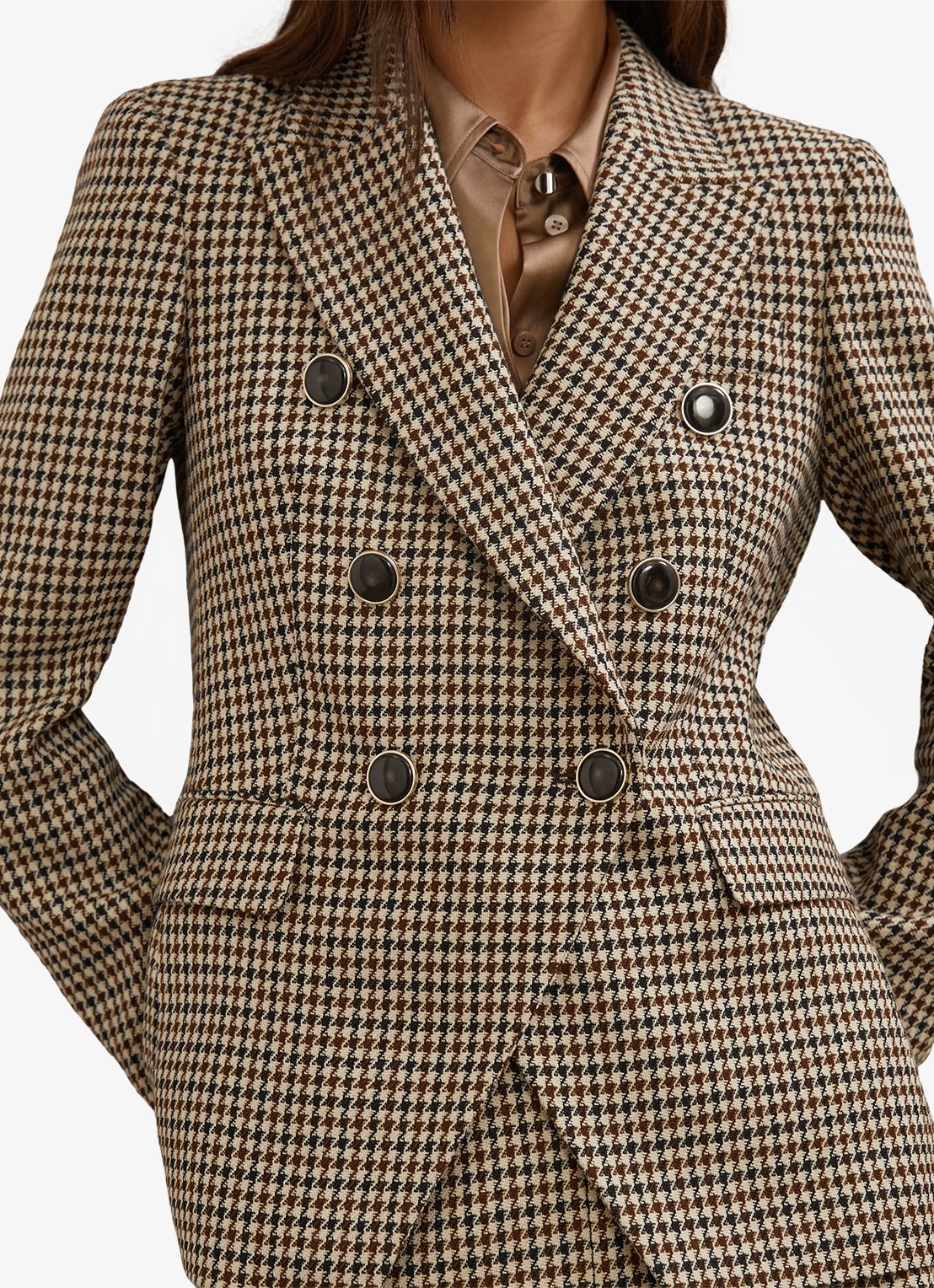 Reiss Hartley double-breasted blazer in wolblend met pied-de-poule dessin - detail 3 beige