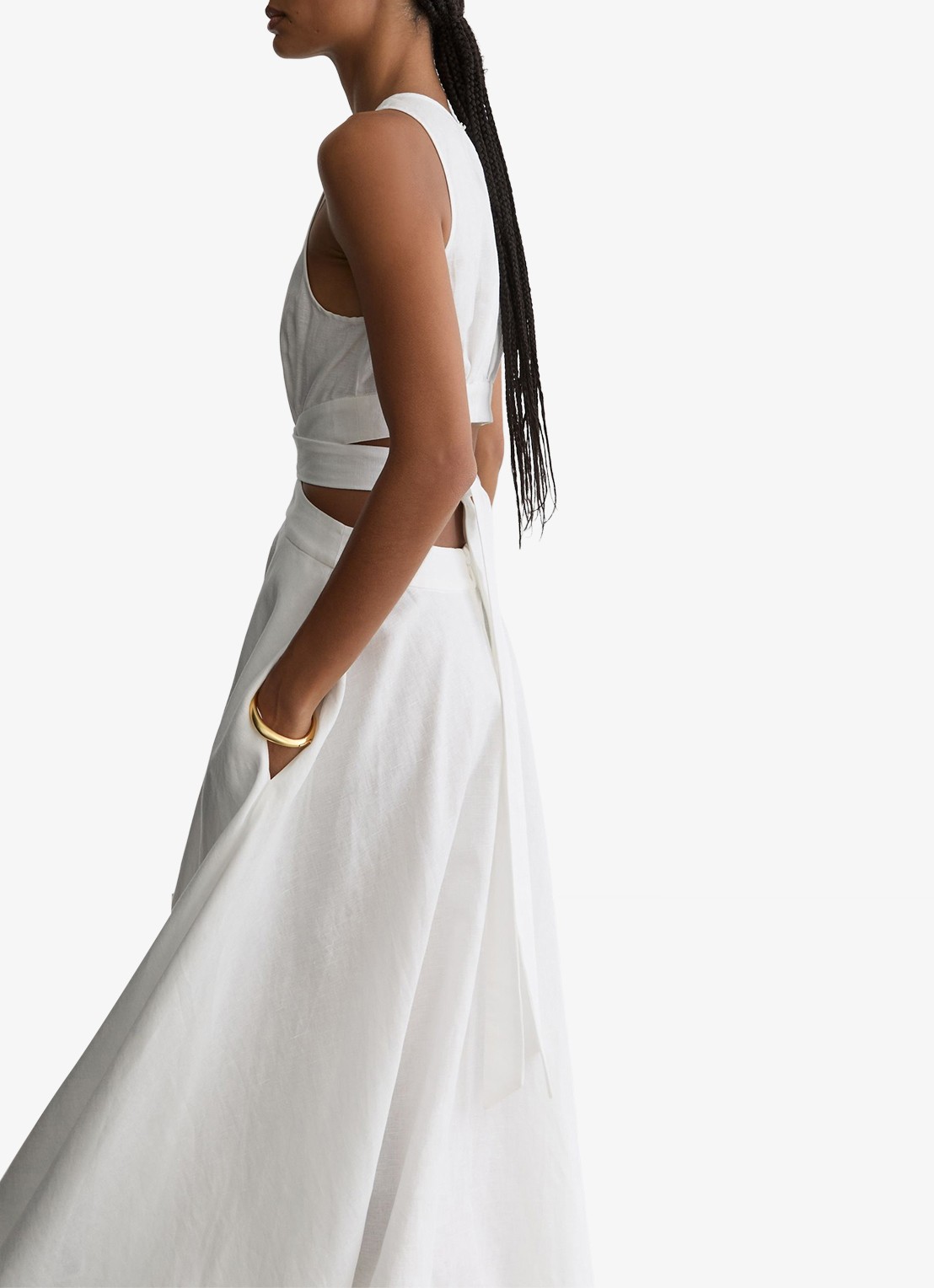 Reiss HAZEL Linen-Cotton Cut-Out Midi Dress - detail 3 wit