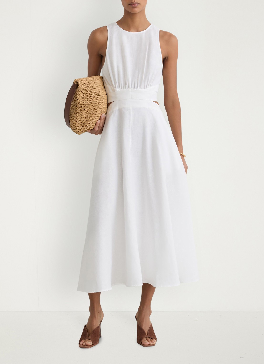 Reiss HAZEL Linen-Cotton Cut-Out Midi Dress - voorkant 7 wit