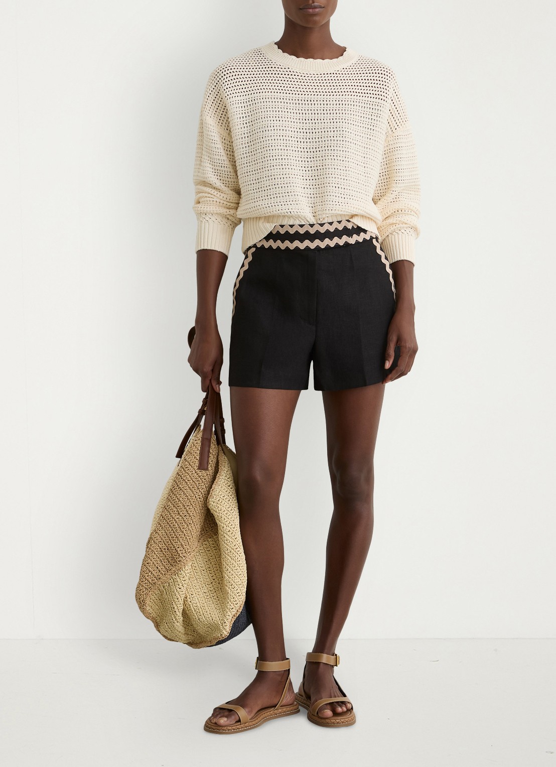 Reiss High waist straight fit korte broek van linnen - voorkant 2 black / zwart