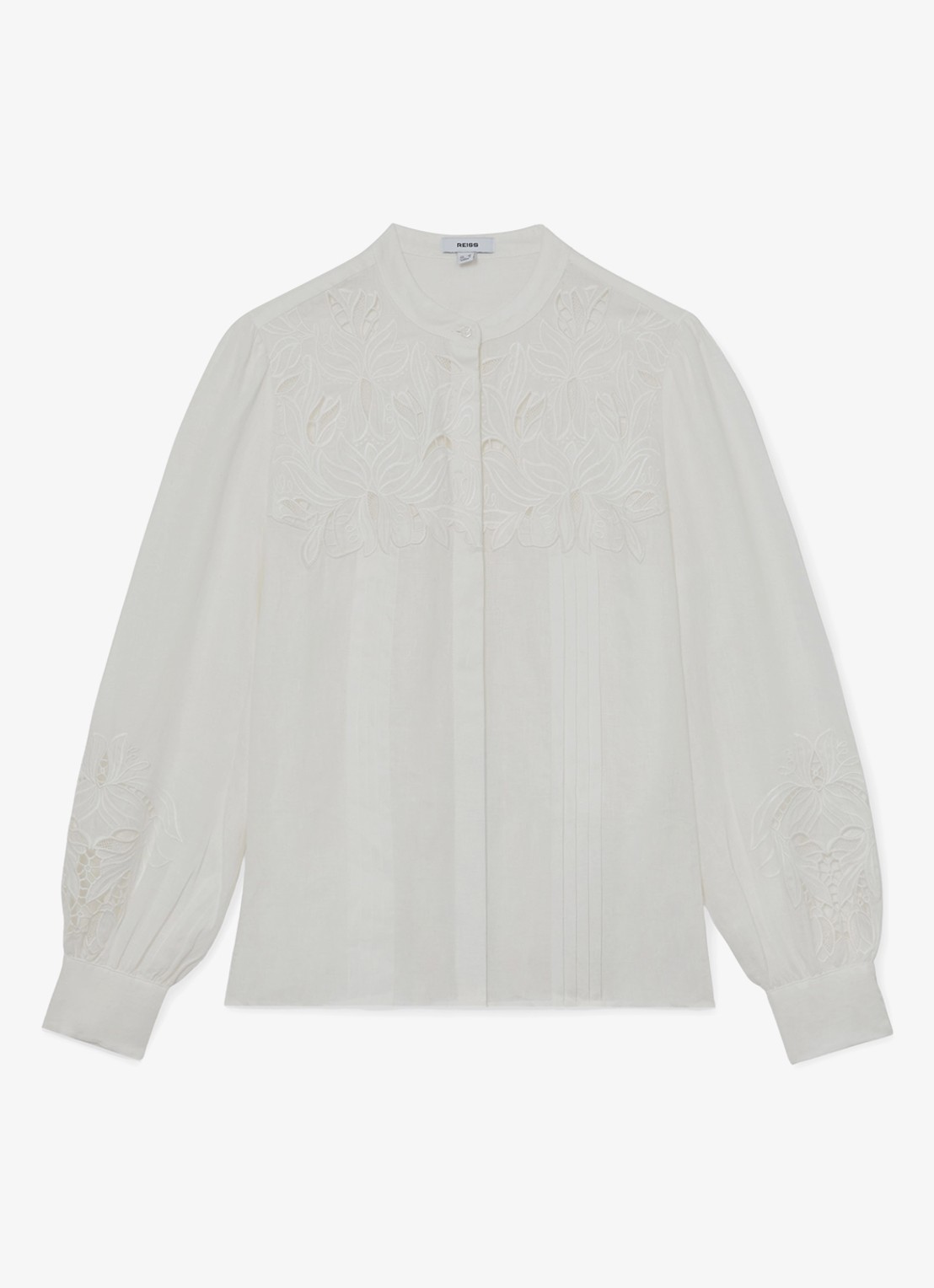 Reiss Ida blouse van linnen met broderie  - voorkant 2 wit