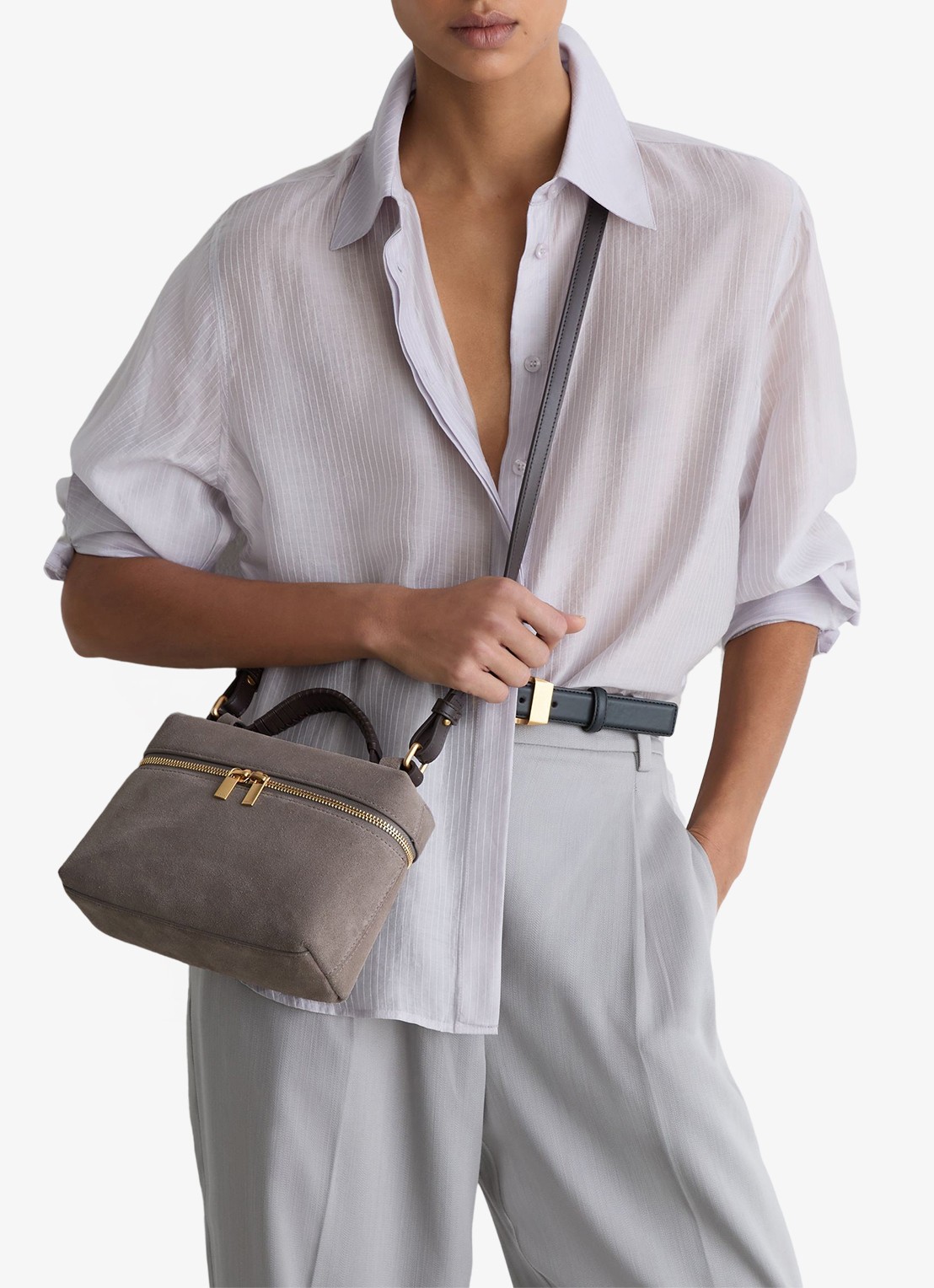 Reiss Ines handtas van suède met afneembare schouderriem - voorkant 2 grey / grijs